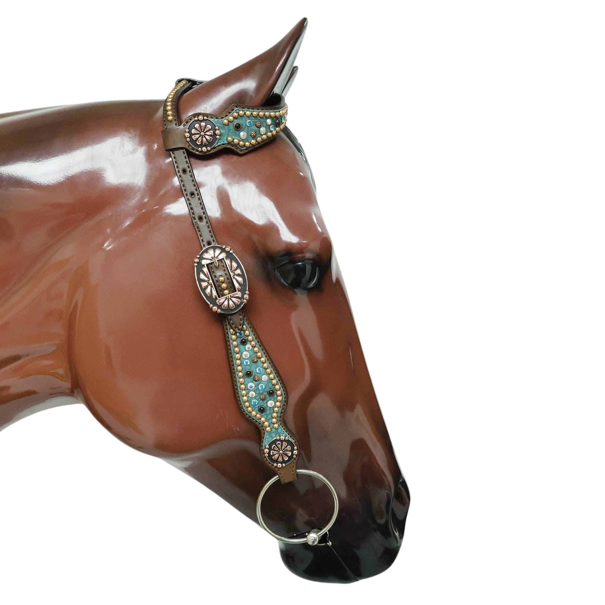 MOUSM Western Headstall and Breast Collar Set Decorated with Shining AB Rhinestones & Copper Studs on Turquoise Alligator Skin Textured Leather Inlay.