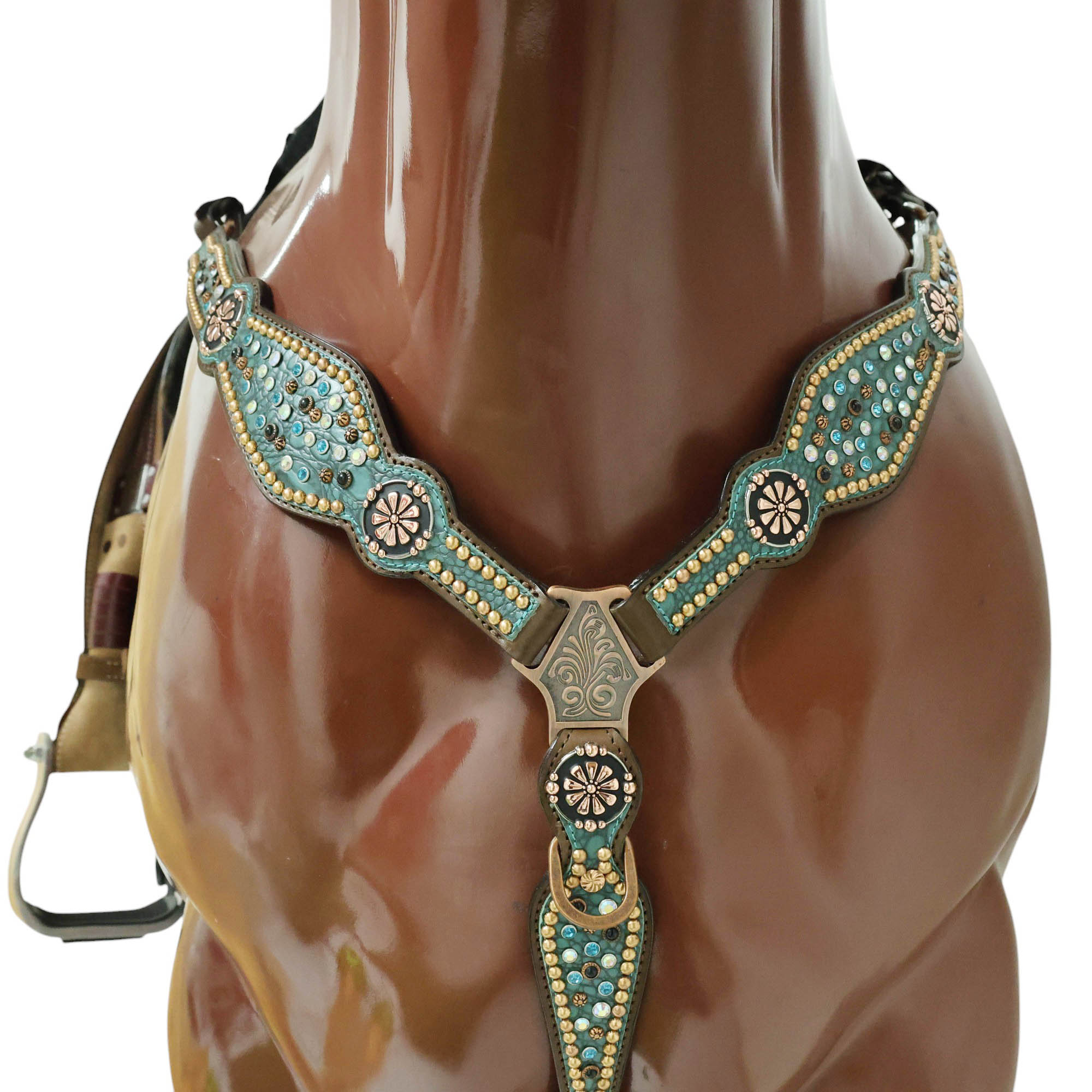 MOUSM Western Headstall and Breast Collar Set Decorated with Shining AB Rhinestones & Copper Studs on Turquoise Alligator Skin Textured Leather Inlay.