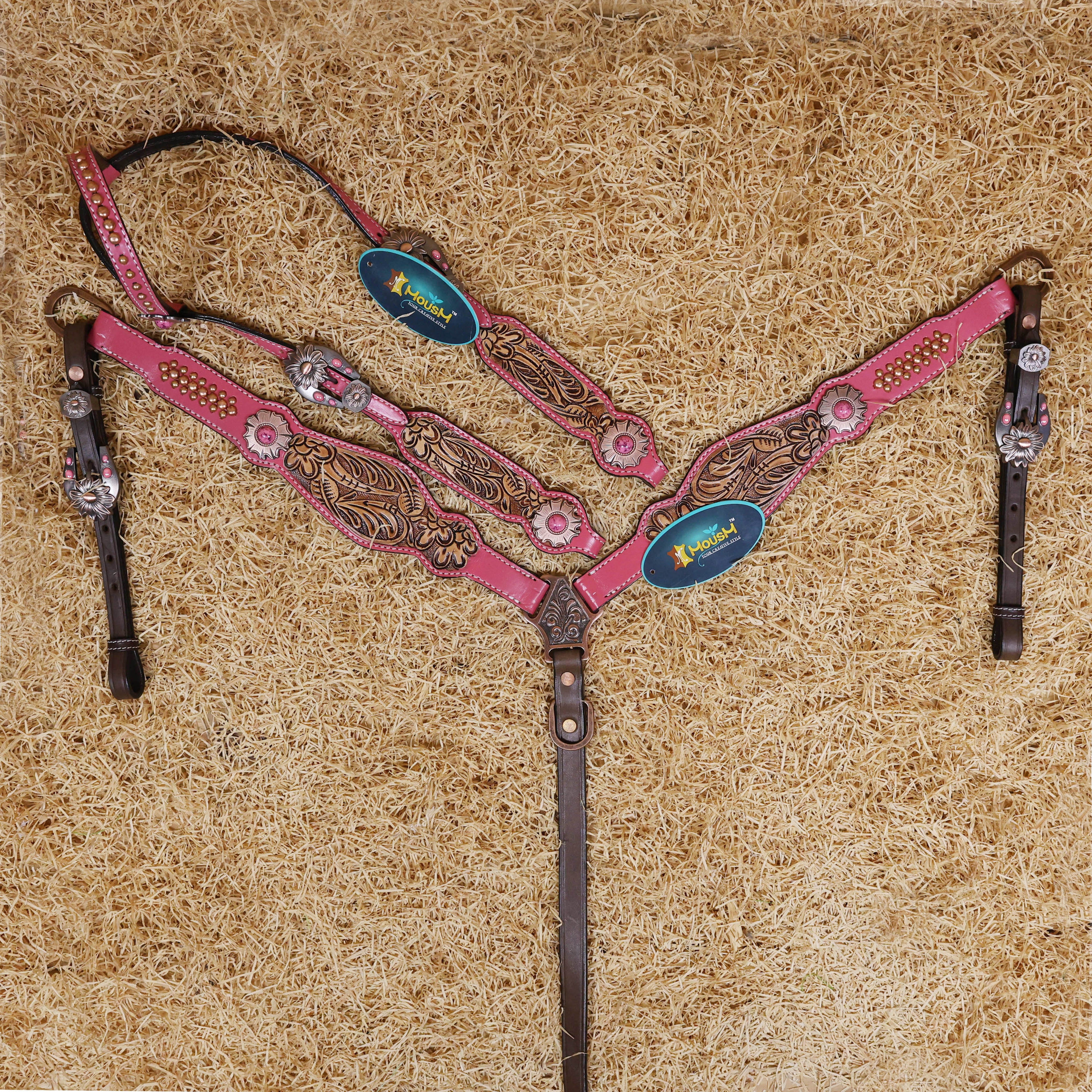 MOUSM Western Headstall and Breast Collar Set Decorated on Pink Leather Flower Leaf Tooling and Copper Metal Beads with Flower Conchos.