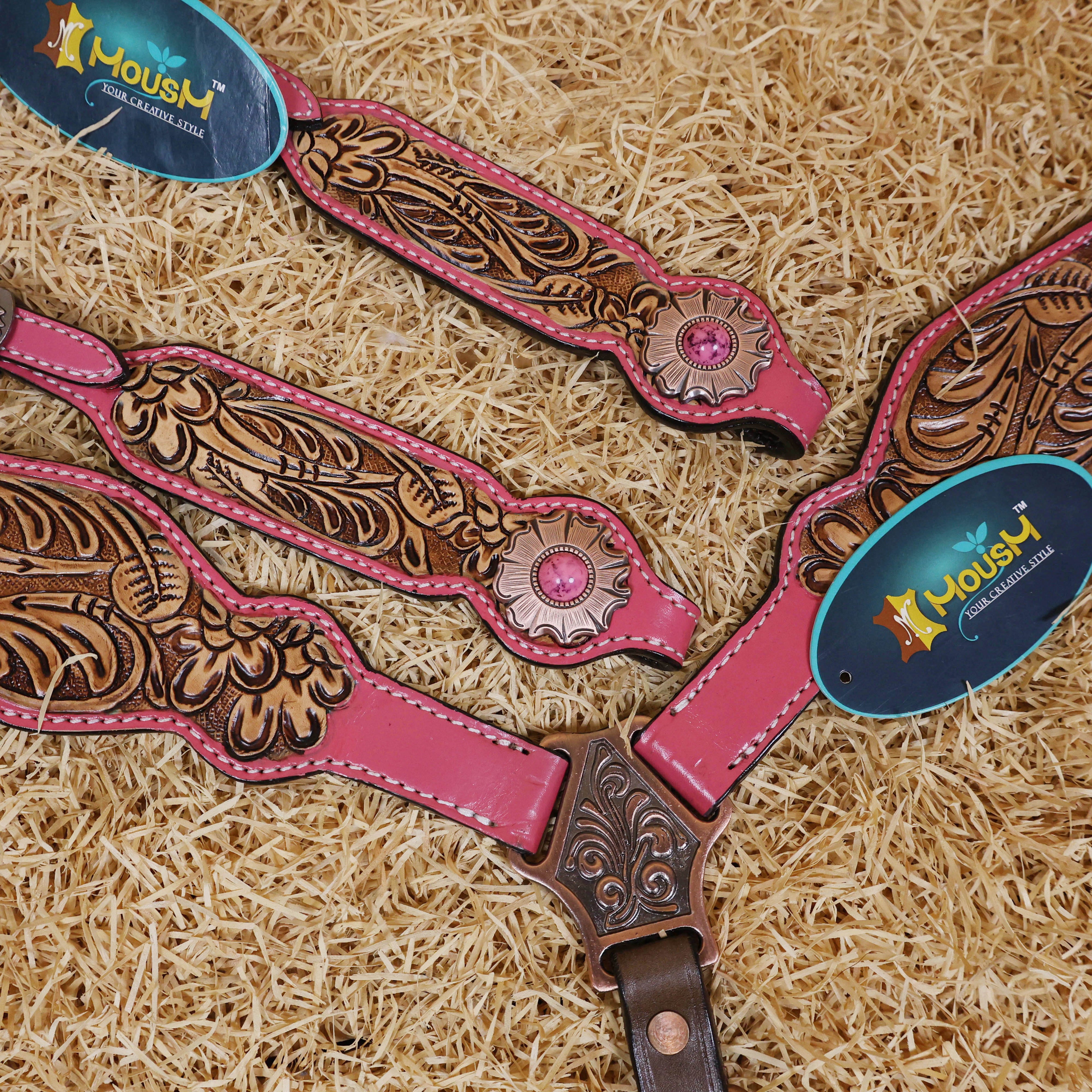 MOUSM Western Headstall and Breast Collar Set Decorated on Pink Leather Flower Leaf Tooling and Copper Metal Beads with Flower Conchos.