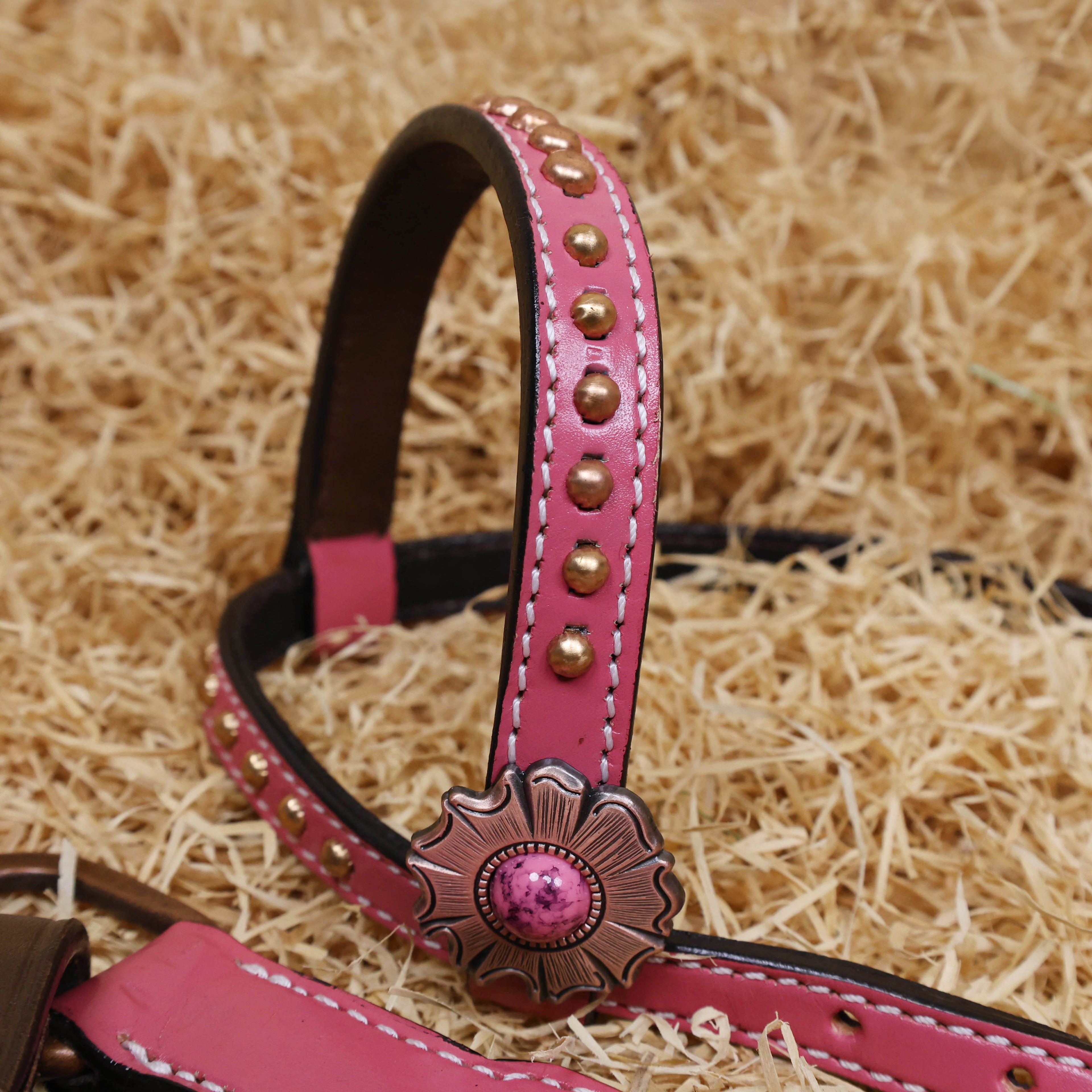 MOUSM Western Headstall and Breast Collar Set Decorated on Pink Leather Flower Leaf Tooling and Copper Metal Beads with Flower Conchos.