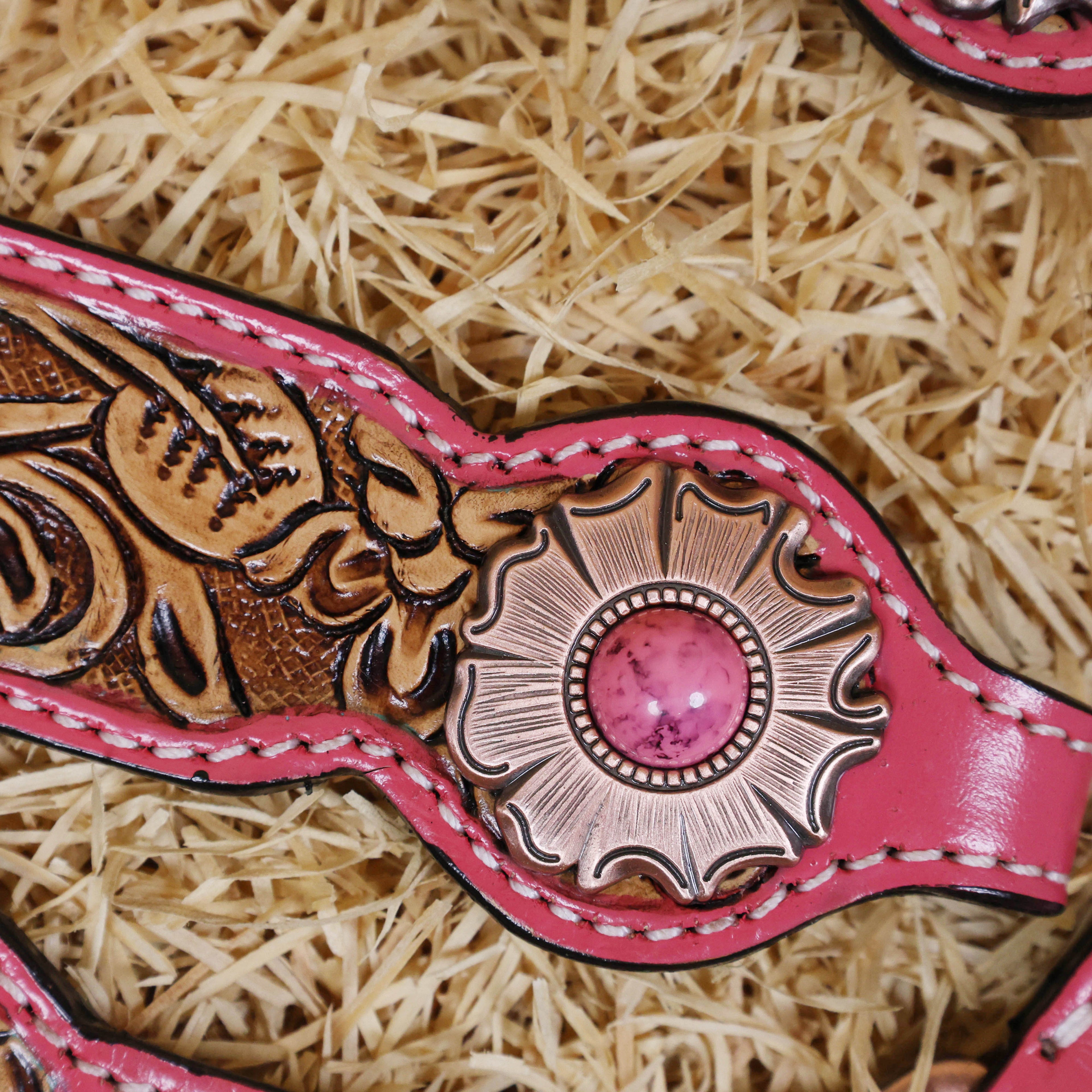 MOUSM Western Headstall and Breast Collar Set Decorated on Pink Leather Flower Leaf Tooling and Copper Metal Beads with Flower Conchos.