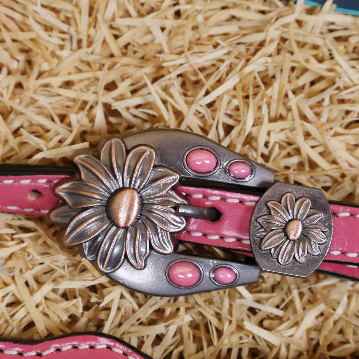 MOUSM Western Headstall and Breast Collar Set Decorated on Pink Leather Flower Leaf Tooling and Copper Metal Beads with Flower Conchos.