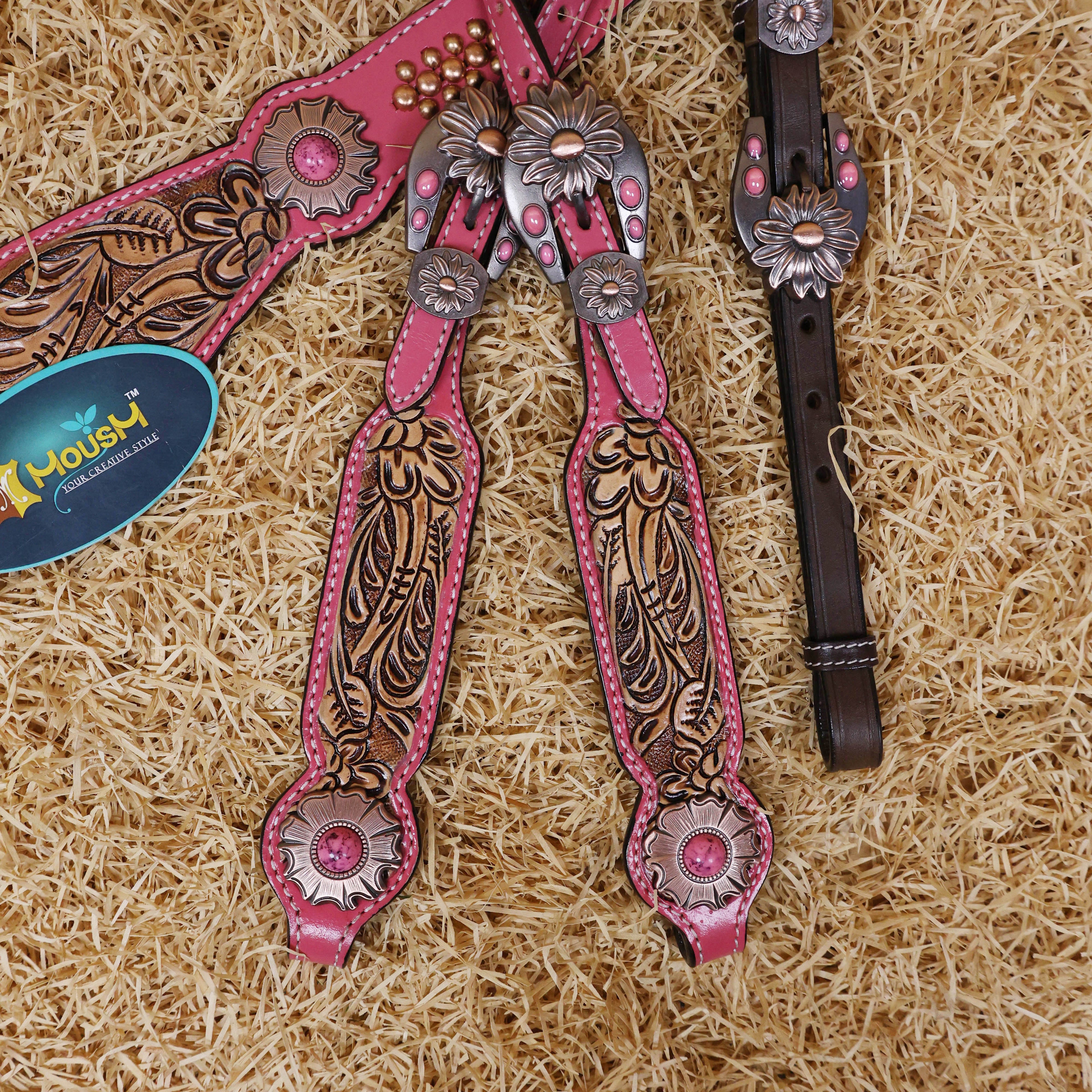 MOUSM Western Headstall and Breast Collar Set Decorated on Pink Leather Flower Leaf Tooling and Copper Metal Beads with Flower Conchos.
