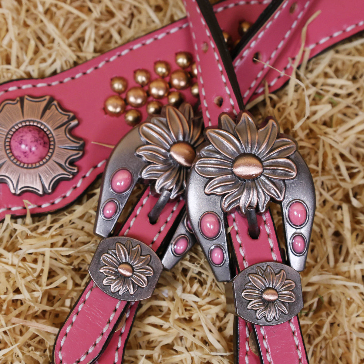 MOUSM Western Headstall and Breast Collar Set Decorated on Pink Leather Flower Leaf Tooling and Copper Metal Beads with Flower Conchos.
