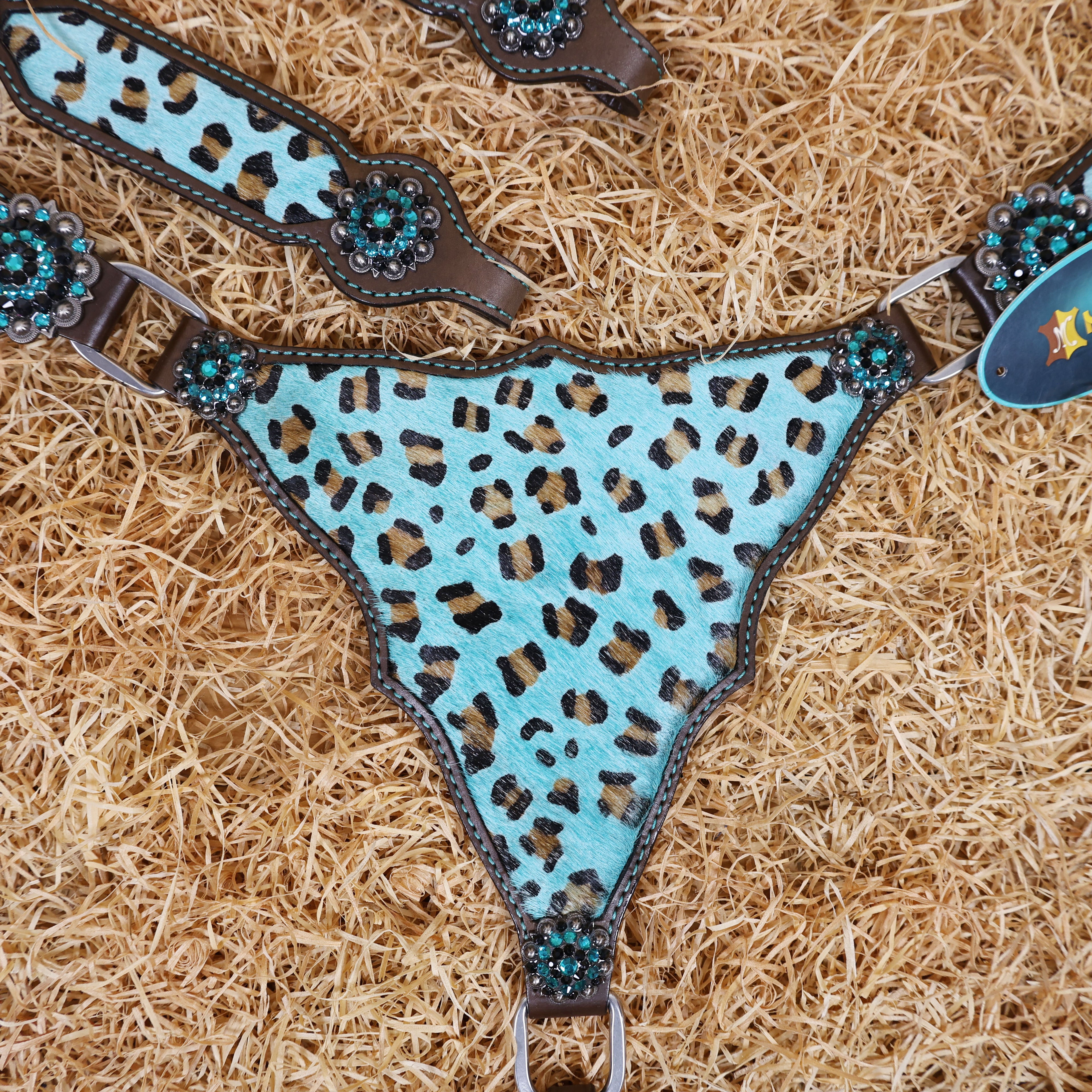 MOUSM Western Leather Headstall and Breast Collar Set – Argentina Cow Leather Horse Tack Set Decorated with Gladiator Look with Leopard Print on Turquoise Hair on Cow Hide Background, Shining Turquoise-Black Conchos.