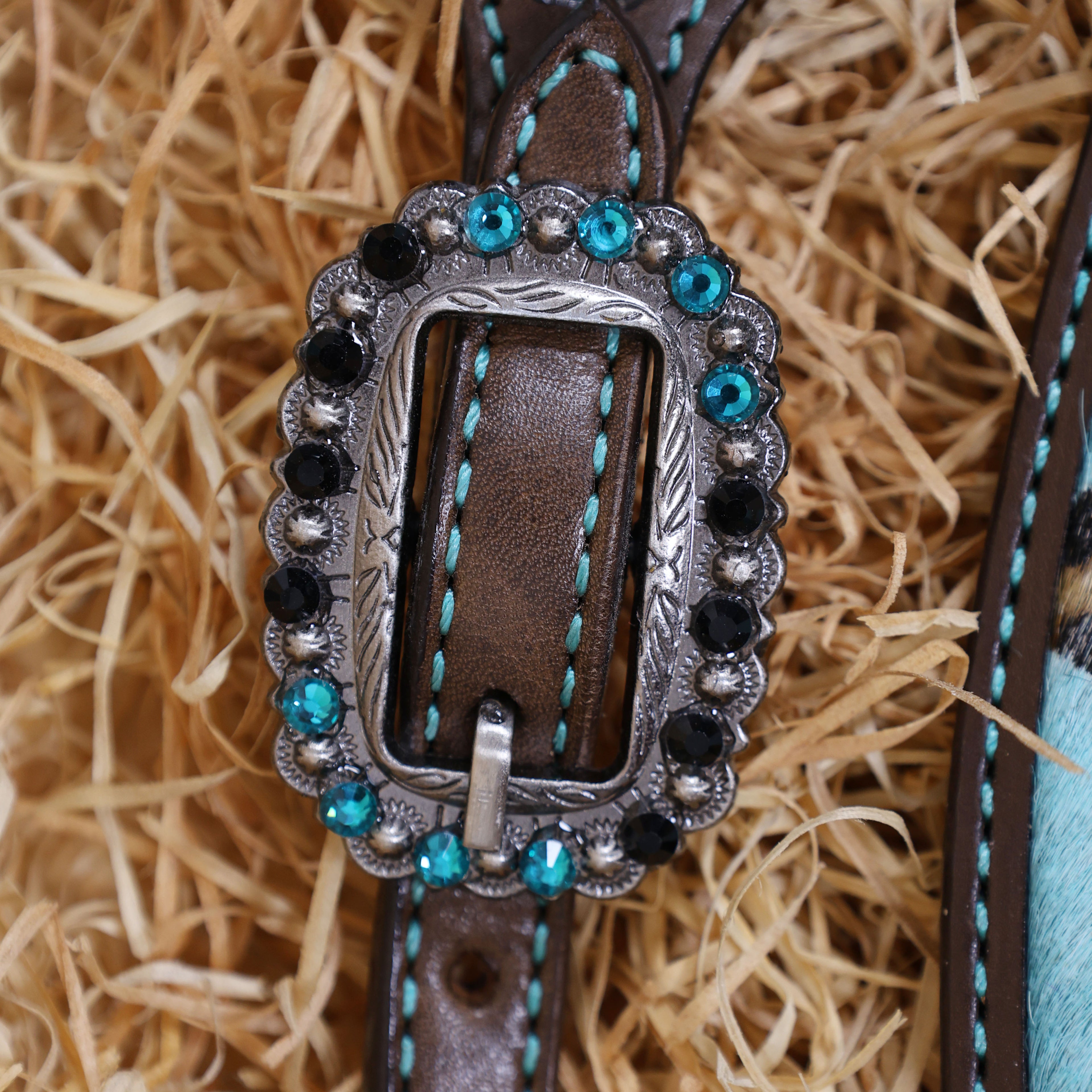 MOUSM Western Leather Headstall and Breast Collar Set – Argentina Cow Leather Horse Tack Set Decorated with Gladiator Look with Leopard Print on Turquoise Hair on Cow Hide Background, Shining Turquoise-Black Conchos.