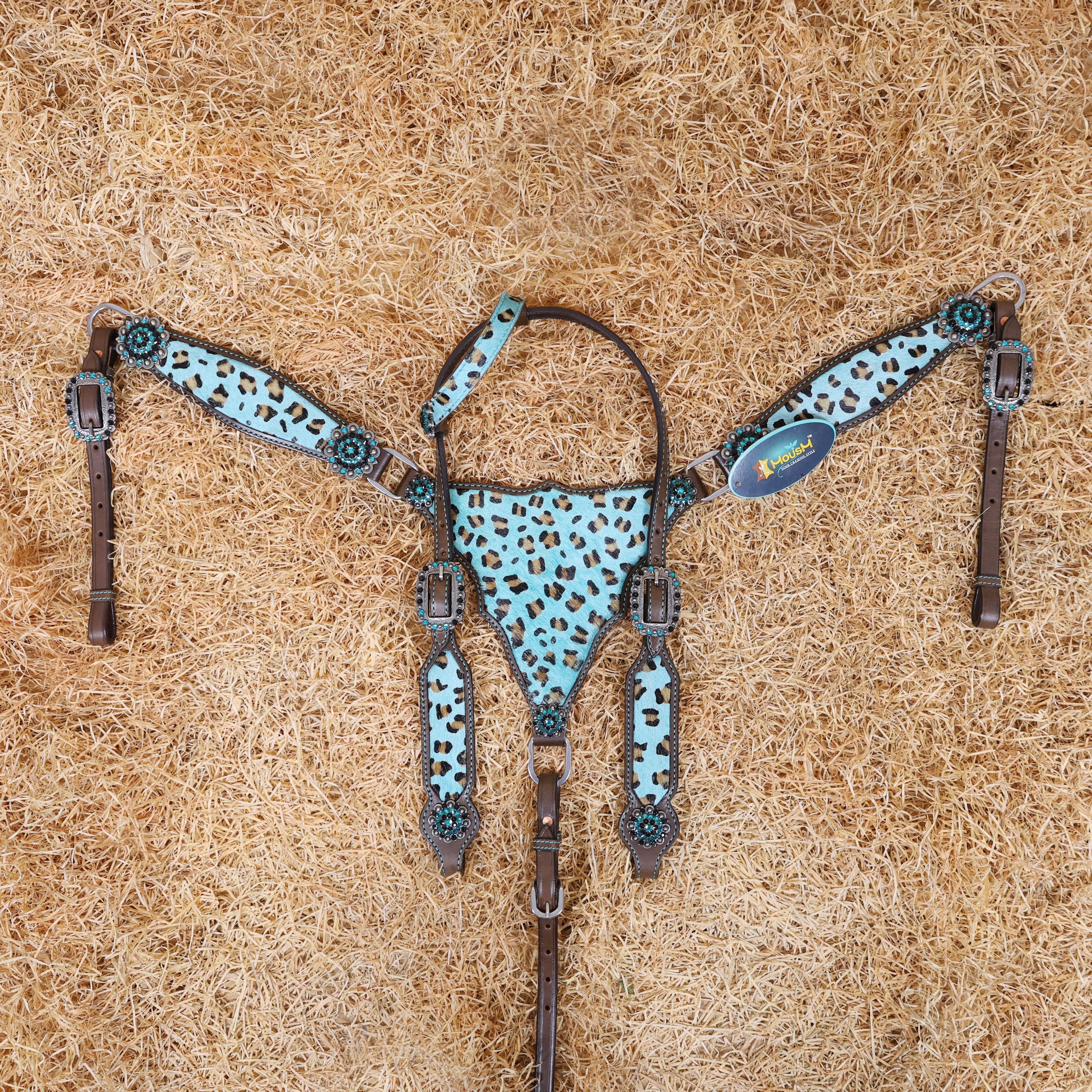 MOUSM Western Leather Headstall and Breast Collar Set – Argentina Cow Leather Horse Tack Set Decorated with Gladiator Look with Leopard Print on Turquoise Hair on Cow Hide Background, Shining Turquoise-Black Conchos.