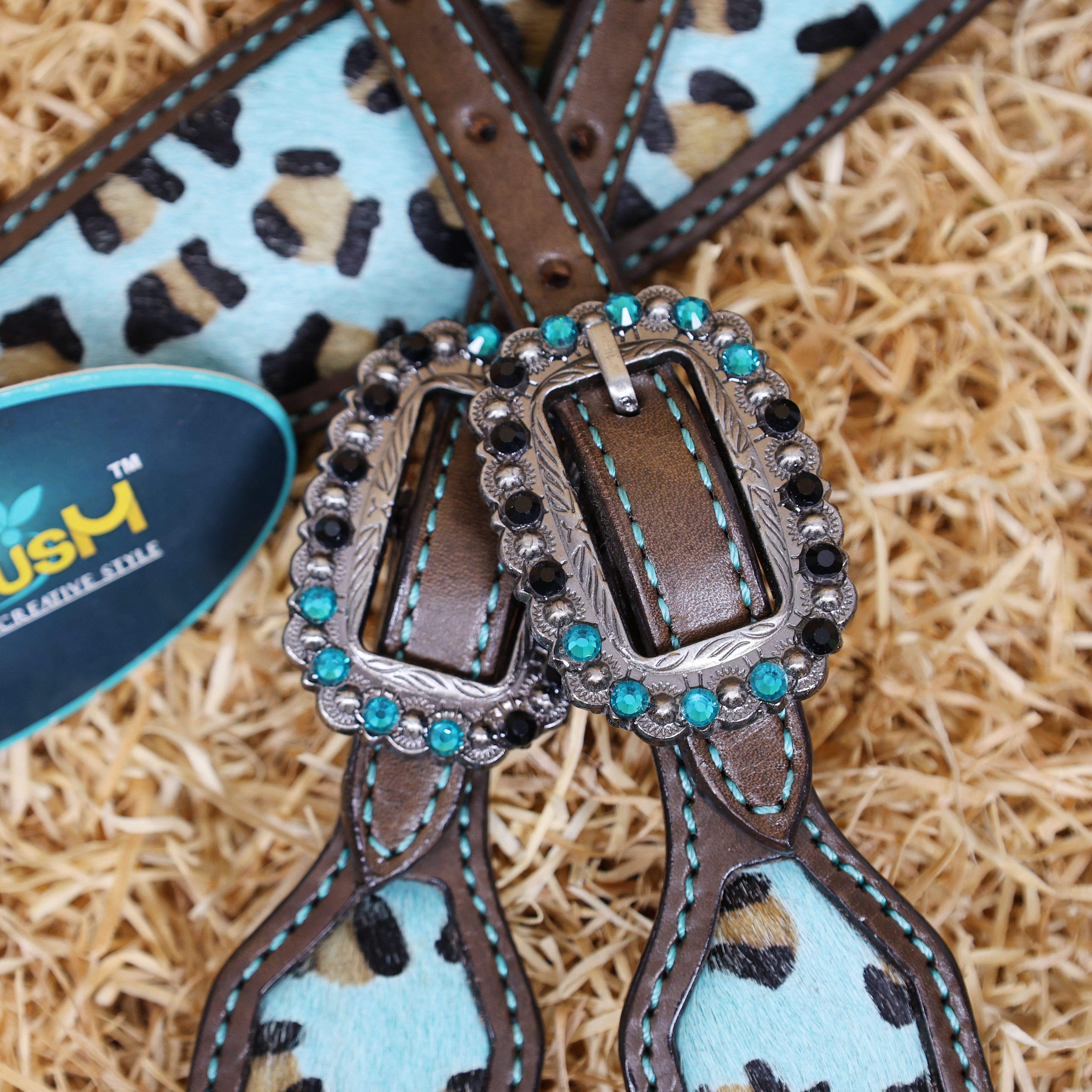 MOUSM Western Leather Headstall and Breast Collar Set – Argentina Cow Leather Horse Tack Set Decorated with Gladiator Look with Leopard Print on Turquoise Hair on Cow Hide Background, Shining Turquoise-Black Conchos.