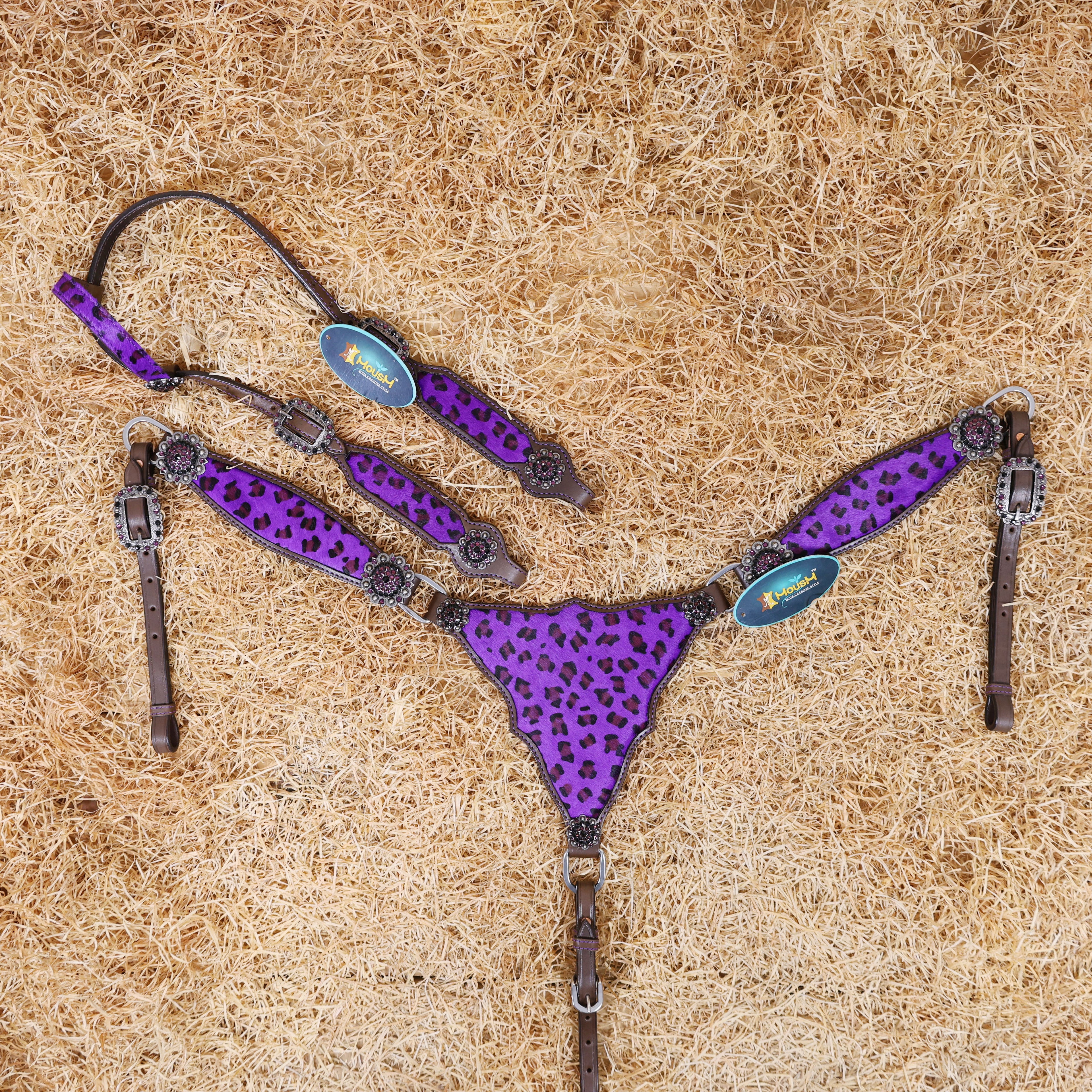 MOUSM Western Leather Headstall and Breast Collar Set – Argentina Cow Leather Horse Tack Set Decorated with Gladiator Look with Leopard Print on Purple Hair on Cow Hide Background, Purple-Black Rhinestones Conchos.