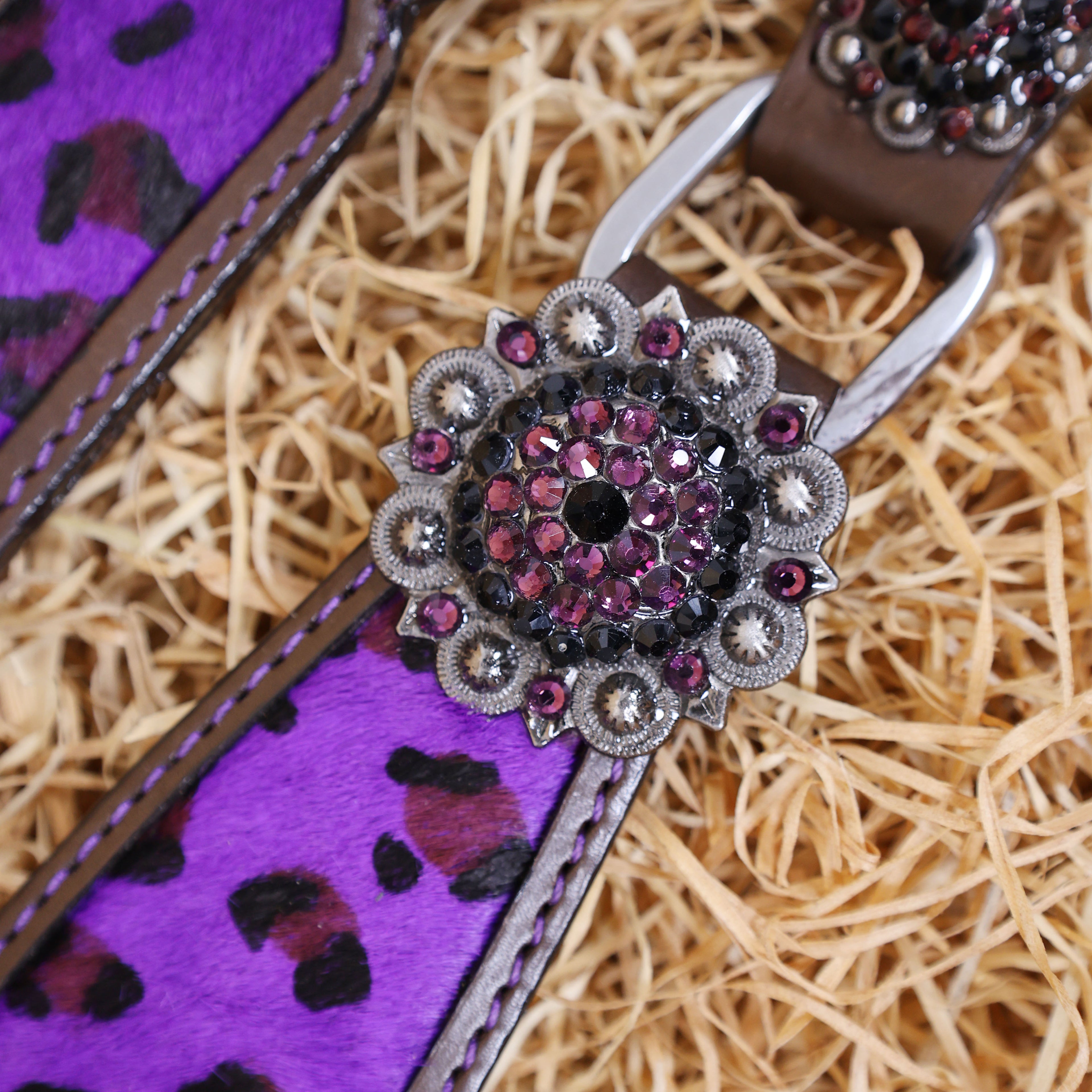 MOUSM Western Leather Headstall and Breast Collar Set – Argentina Cow Leather Horse Tack Set Decorated with Gladiator Look with Leopard Print on Purple Hair on Cow Hide Background, Purple-Black Rhinestones Conchos.