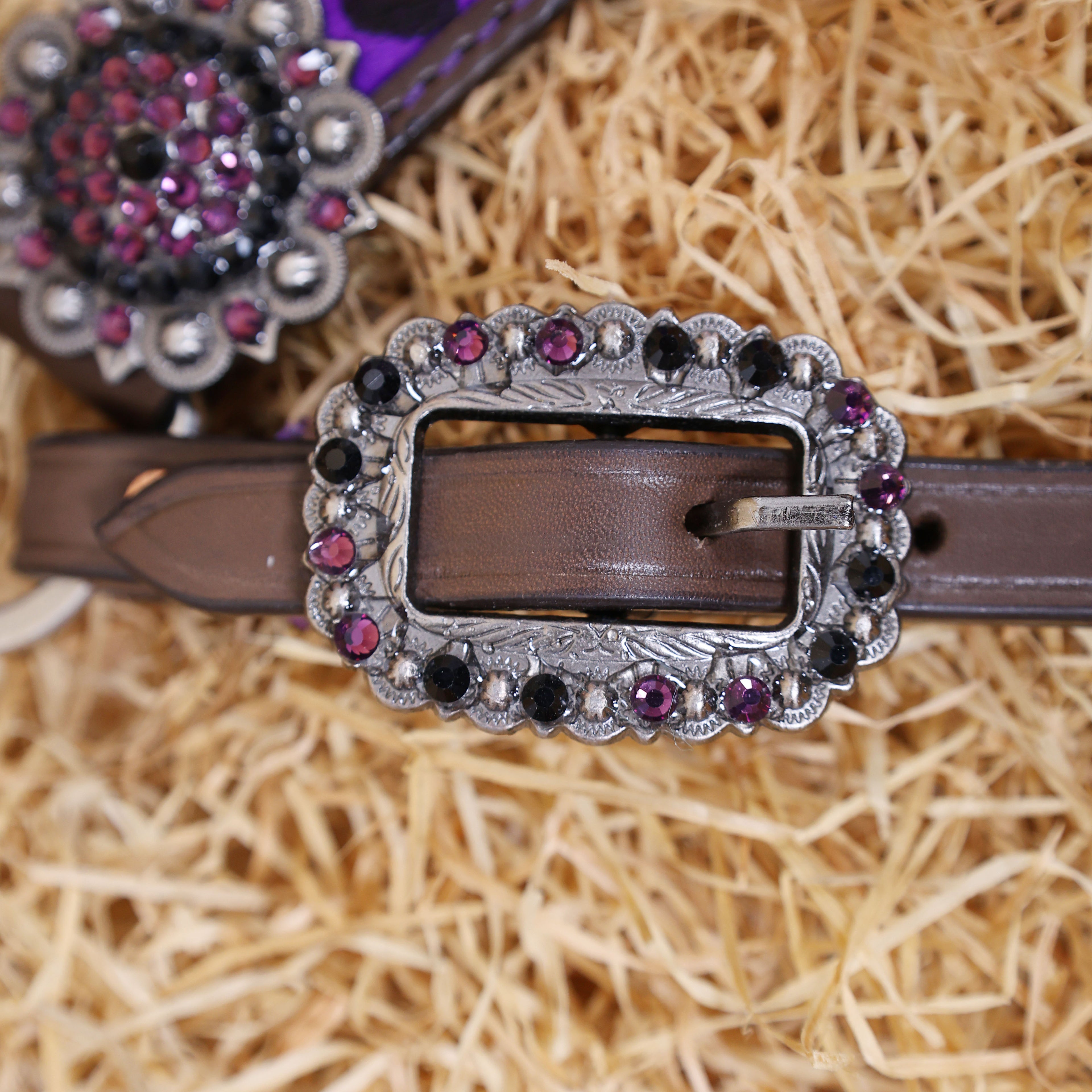 MOUSM Western Leather Headstall and Breast Collar Set – Argentina Cow Leather Horse Tack Set Decorated with Gladiator Look with Leopard Print on Purple Hair on Cow Hide Background, Purple-Black Rhinestones Conchos.