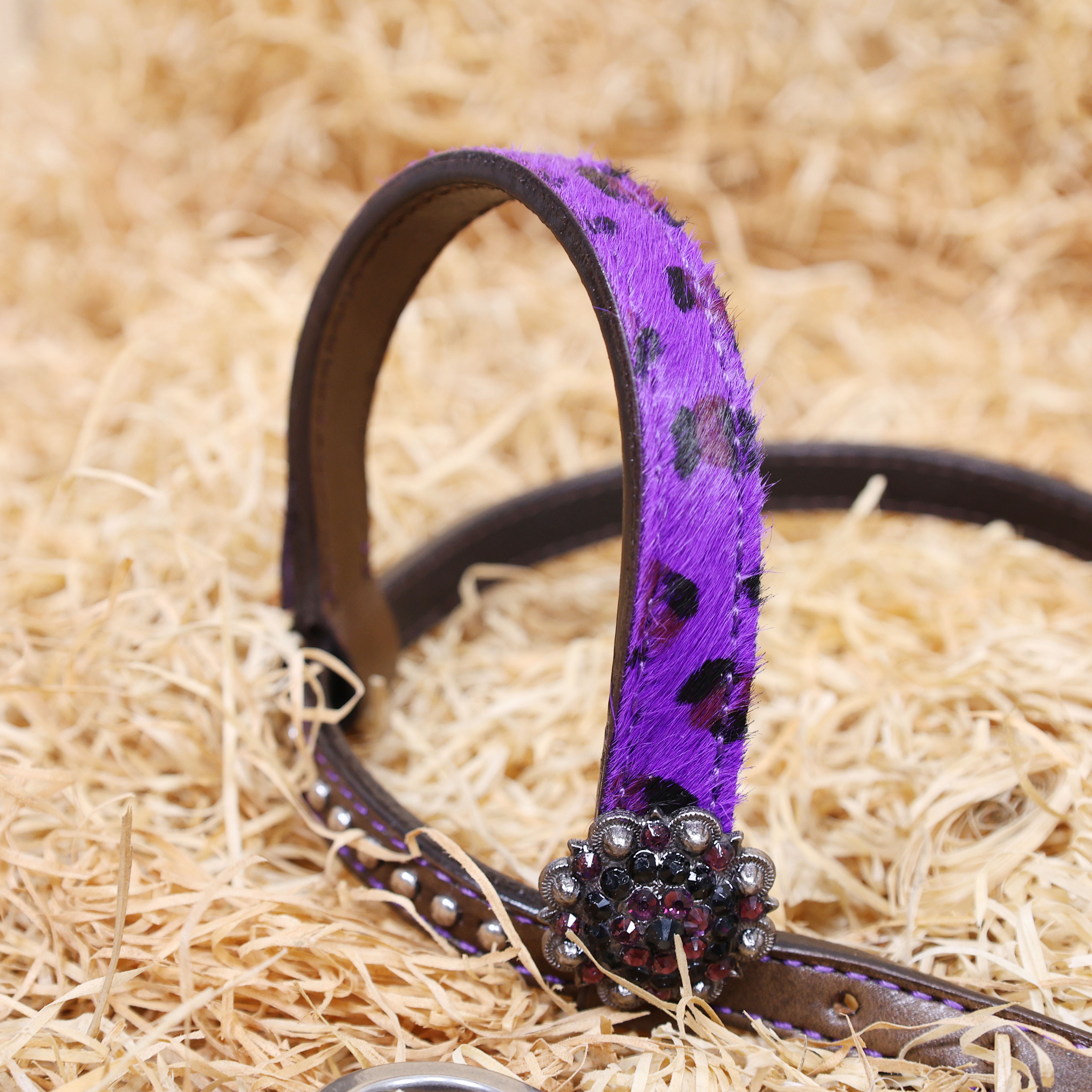 MOUSM Western Leather Headstall and Breast Collar Set – Argentina Cow Leather Horse Tack Set Decorated with Gladiator Look with Leopard Print on Purple Hair on Cow Hide Background, Purple-Black Rhinestones Conchos.