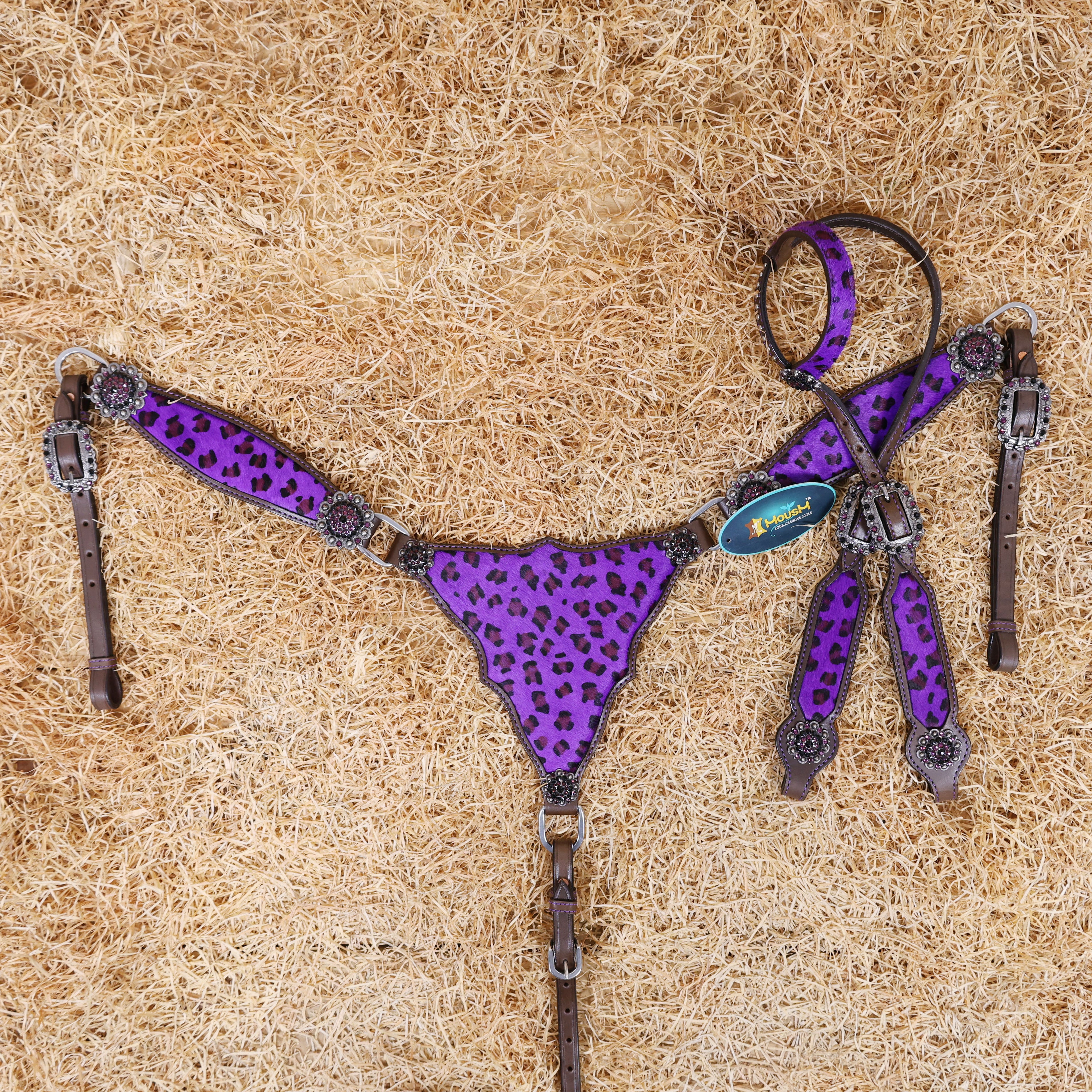 MOUSM Western Leather Headstall and Breast Collar Set – Argentina Cow Leather Horse Tack Set Decorated with Gladiator Look with Leopard Print on Purple Hair on Cow Hide Background, Purple-Black Rhinestones Conchos.