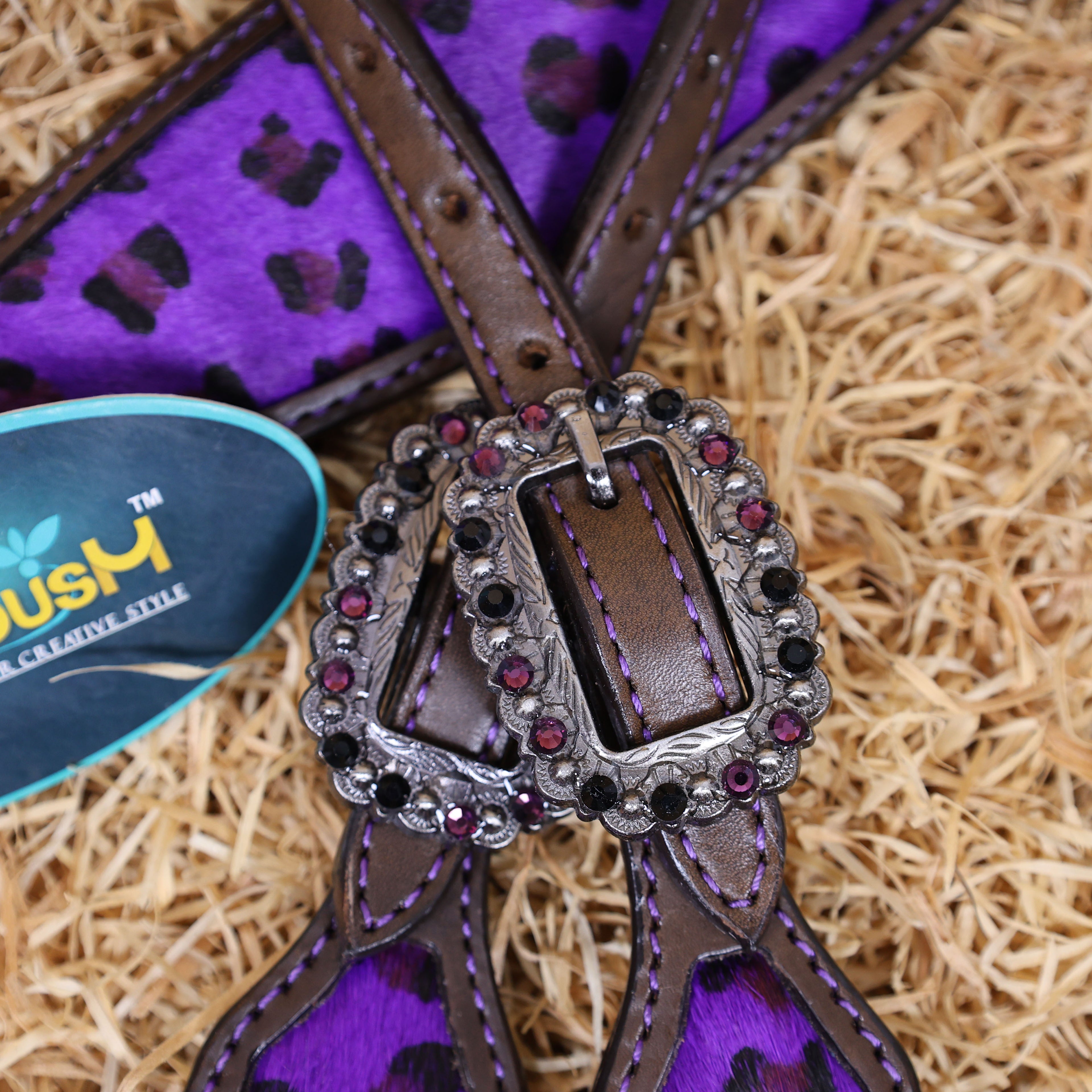 MOUSM Western Leather Headstall and Breast Collar Set – Argentina Cow Leather Horse Tack Set Decorated with Gladiator Look with Leopard Print on Purple Hair on Cow Hide Background, Purple-Black Rhinestones Conchos.