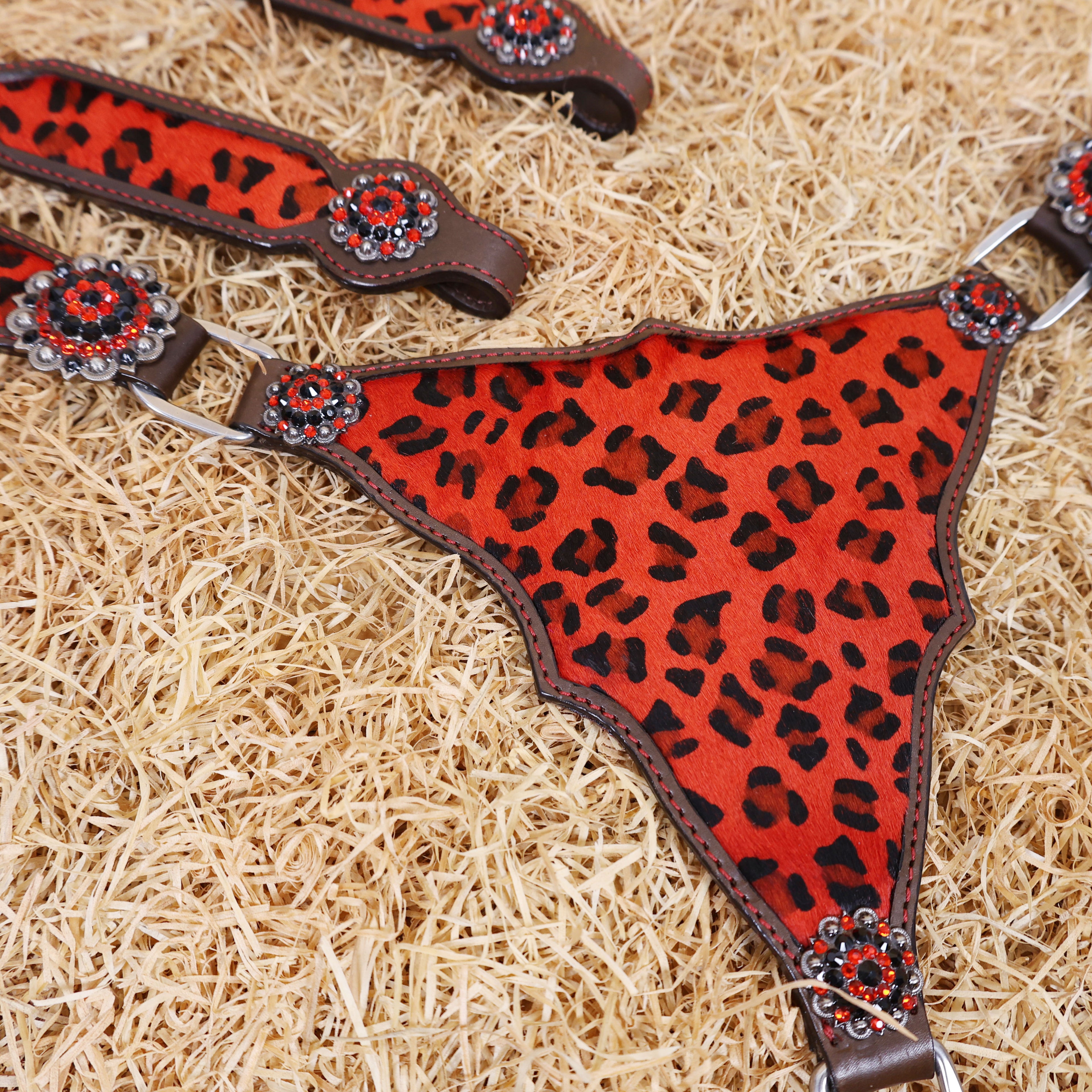 MOUSM Western Leather Headstall and Breast Collar Set – Argentina Cow Leather Horse Tack Set Decorated with Gladiator Look with Leopard Print on Red Hair on Cow Hide Background, Shining Red-Black Conchos.