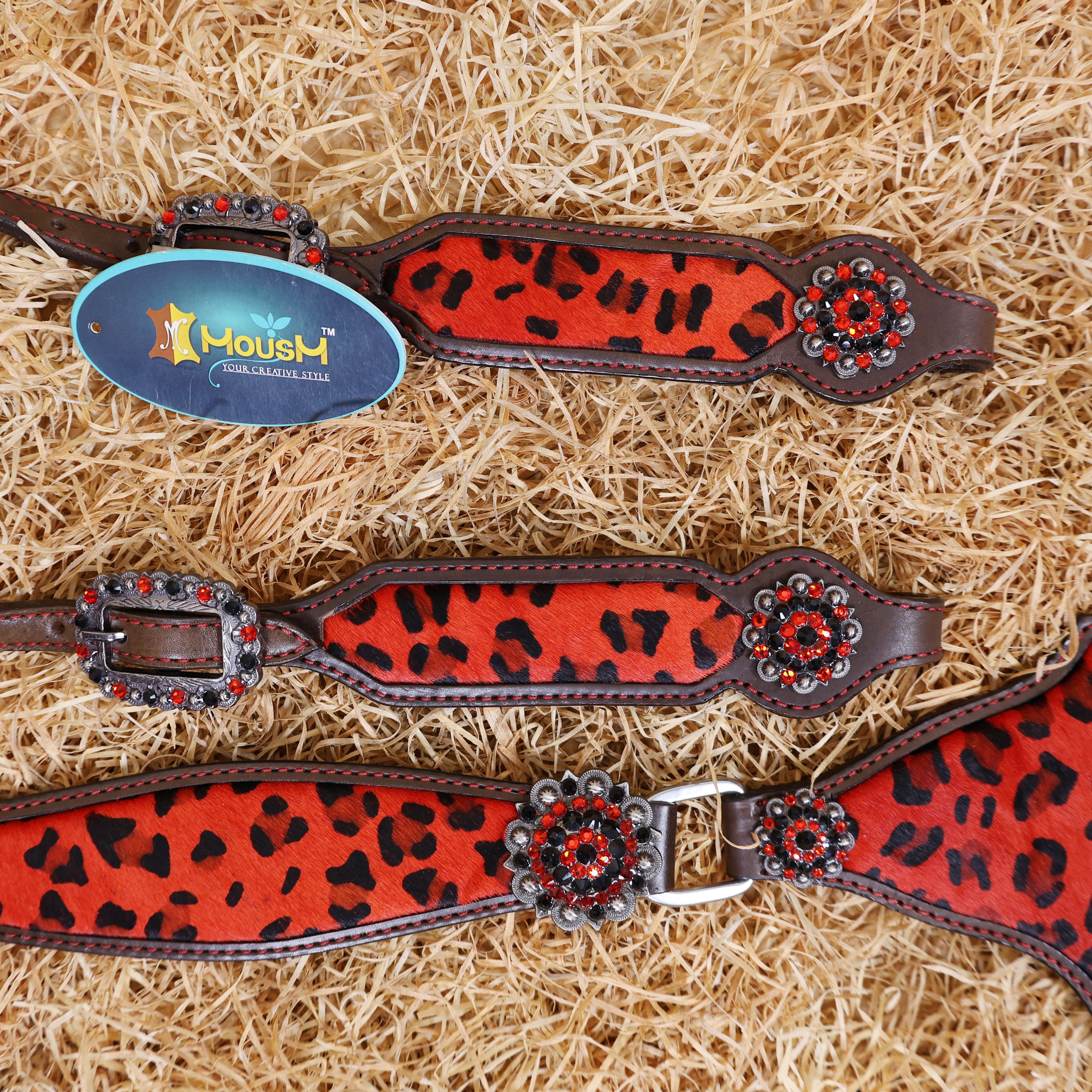 MOUSM Western Leather Headstall and Breast Collar Set – Argentina Cow Leather Horse Tack Set Decorated with Gladiator Look with Leopard Print on Red Hair on Cow Hide Background, Shining Red-Black Conchos.