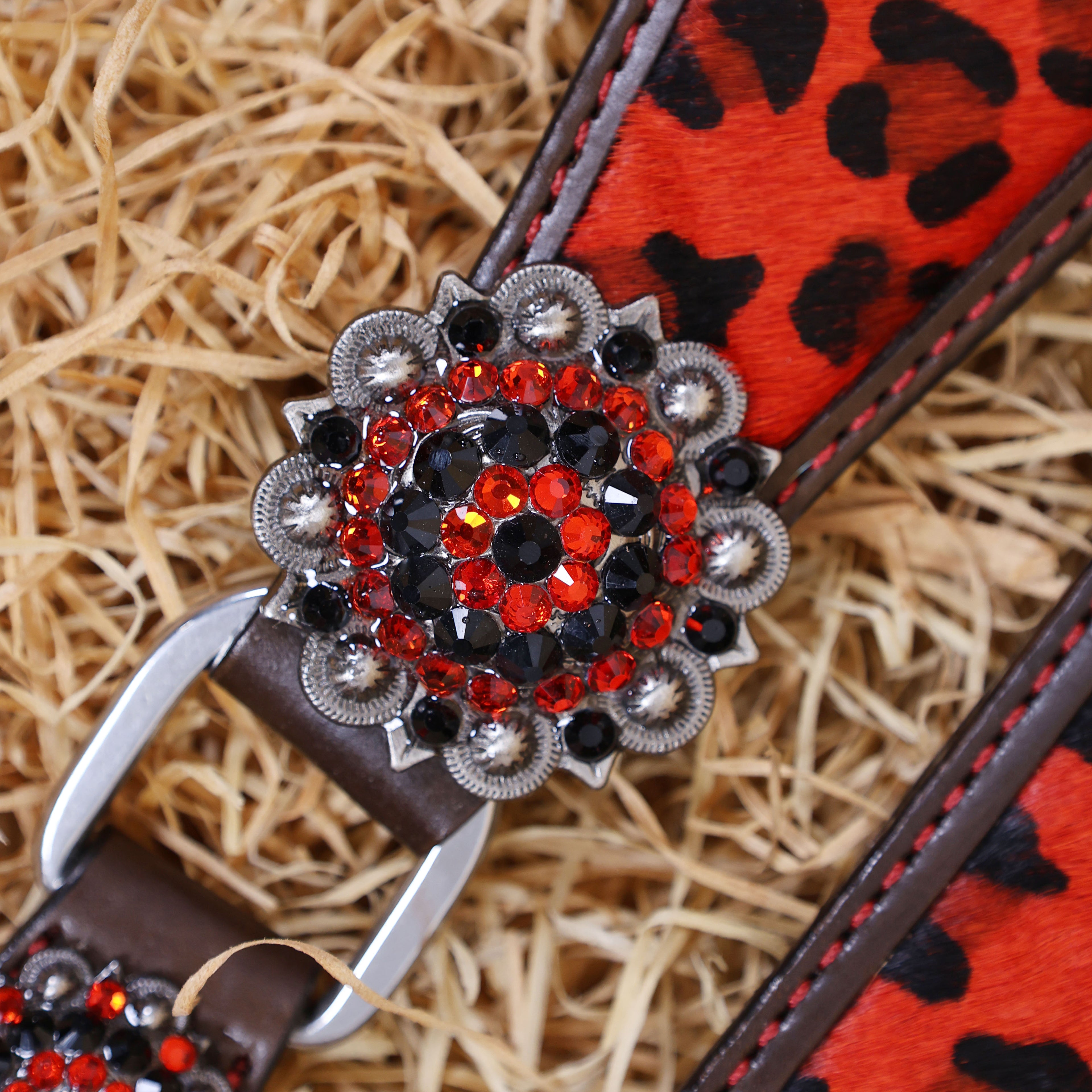MOUSM Western Leather Headstall and Breast Collar Set – Argentina Cow Leather Horse Tack Set Decorated with Gladiator Look with Leopard Print on Red Hair on Cow Hide Background, Shining Red-Black Conchos.