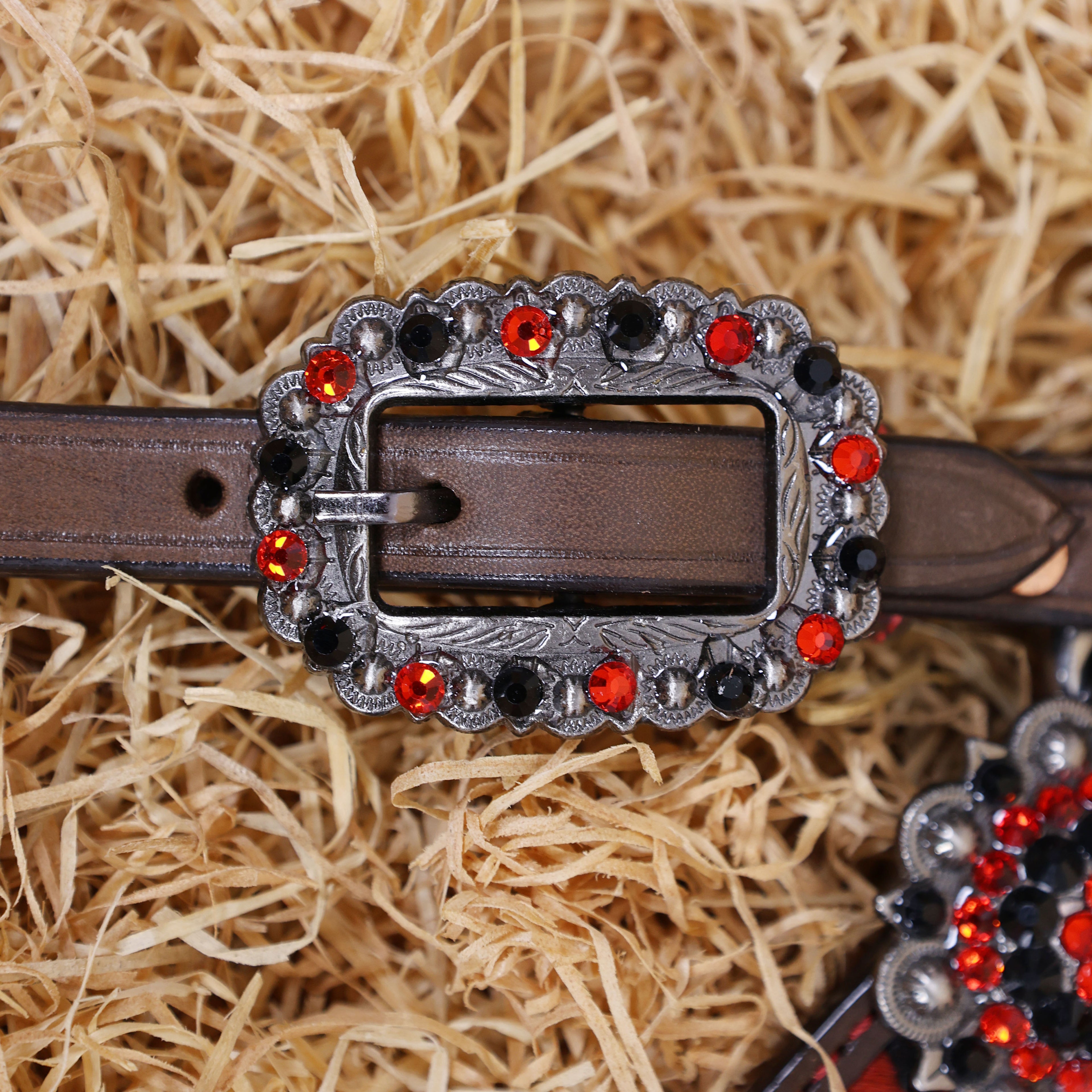 MOUSM Western Leather Headstall and Breast Collar Set – Argentina Cow Leather Horse Tack Set Decorated with Gladiator Look with Leopard Print on Red Hair on Cow Hide Background, Shining Red-Black Conchos.