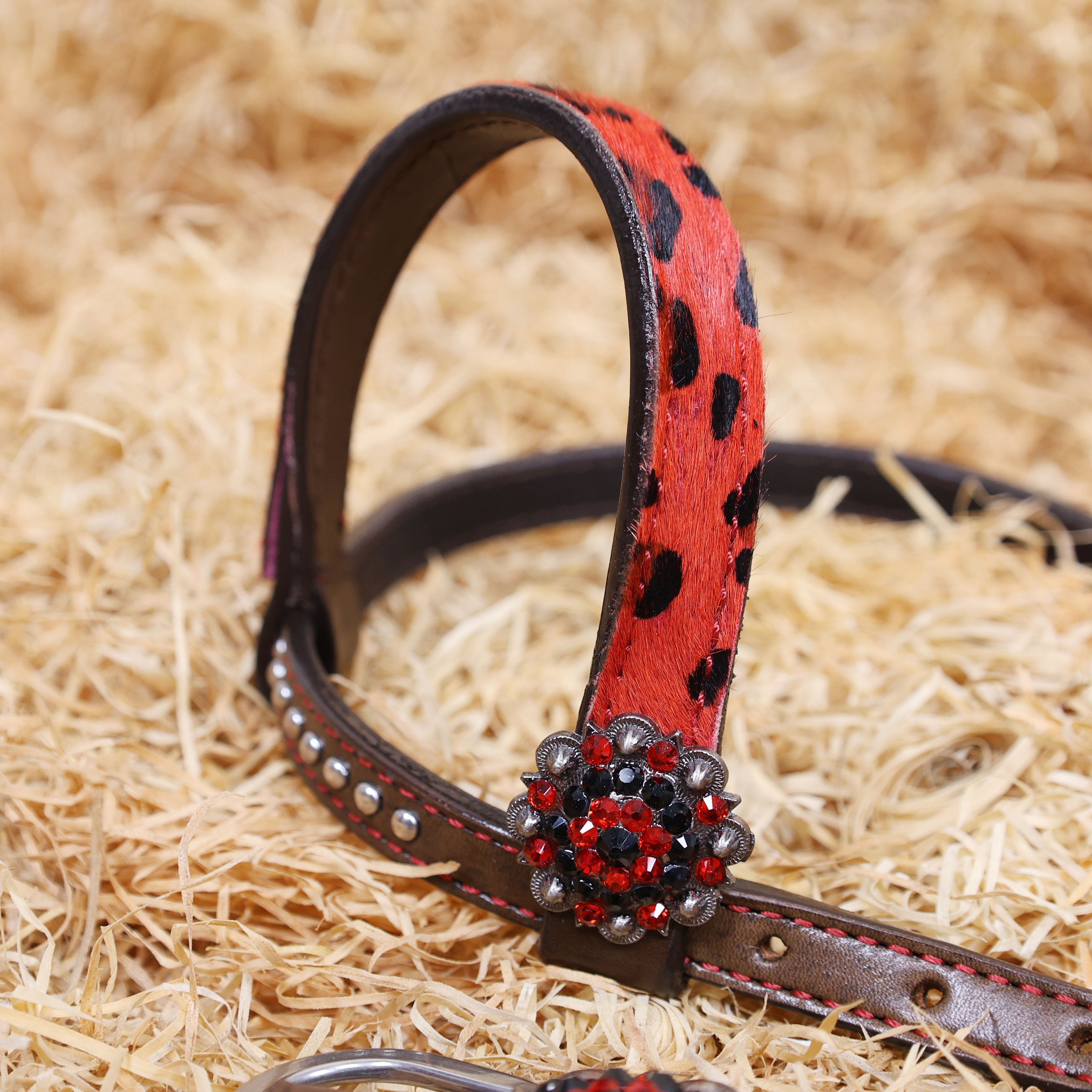 MOUSM Western Leather Headstall and Breast Collar Set – Argentina Cow Leather Horse Tack Set Decorated with Gladiator Look with Leopard Print on Red Hair on Cow Hide Background, Shining Red-Black Conchos.