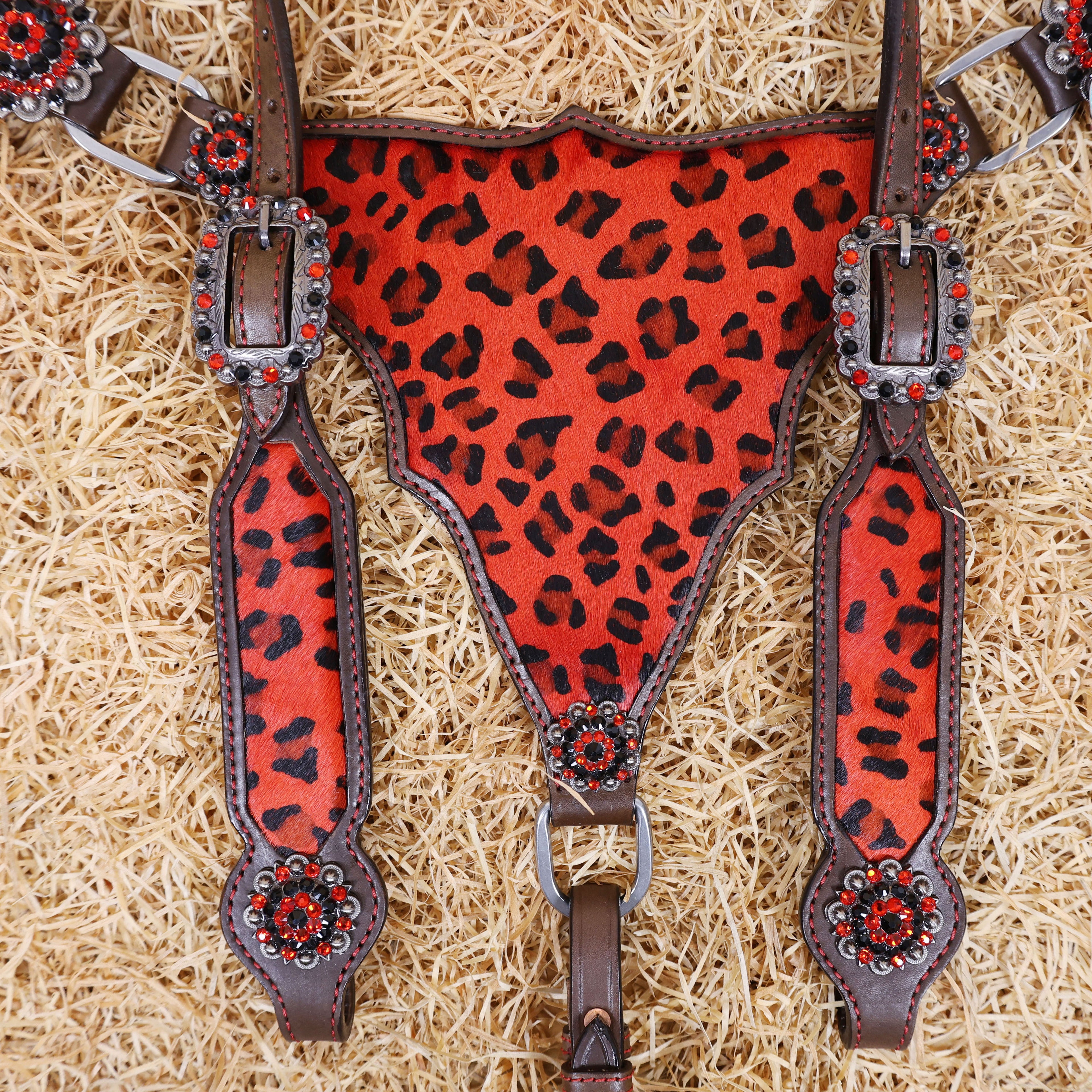 MOUSM Western Leather Headstall and Breast Collar Set – Argentina Cow Leather Horse Tack Set Decorated with Gladiator Look with Leopard Print on Red Hair on Cow Hide Background, Shining Red-Black Conchos.