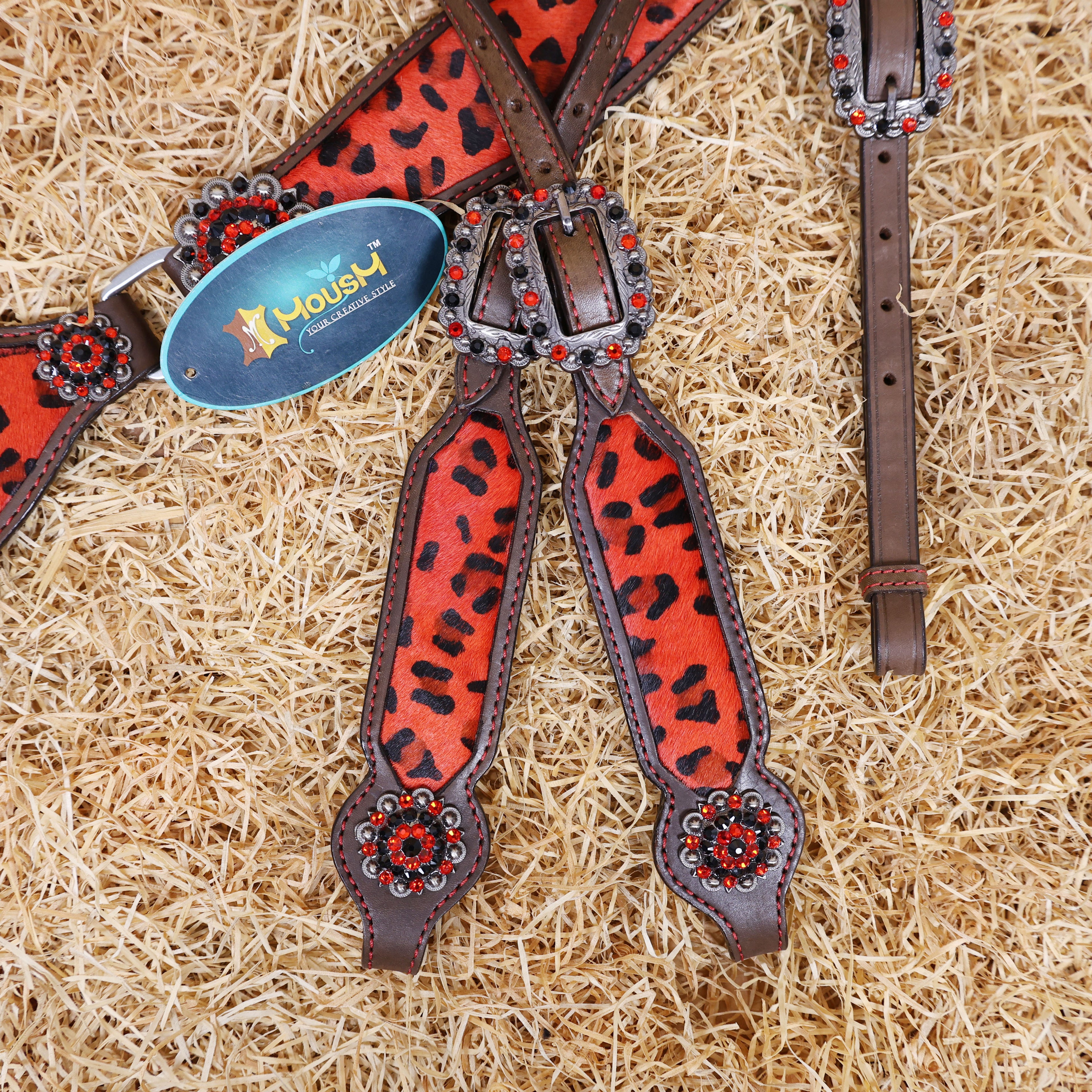 MOUSM Western Leather Headstall and Breast Collar Set – Argentina Cow Leather Horse Tack Set Decorated with Gladiator Look with Leopard Print on Red Hair on Cow Hide Background, Shining Red-Black Conchos.