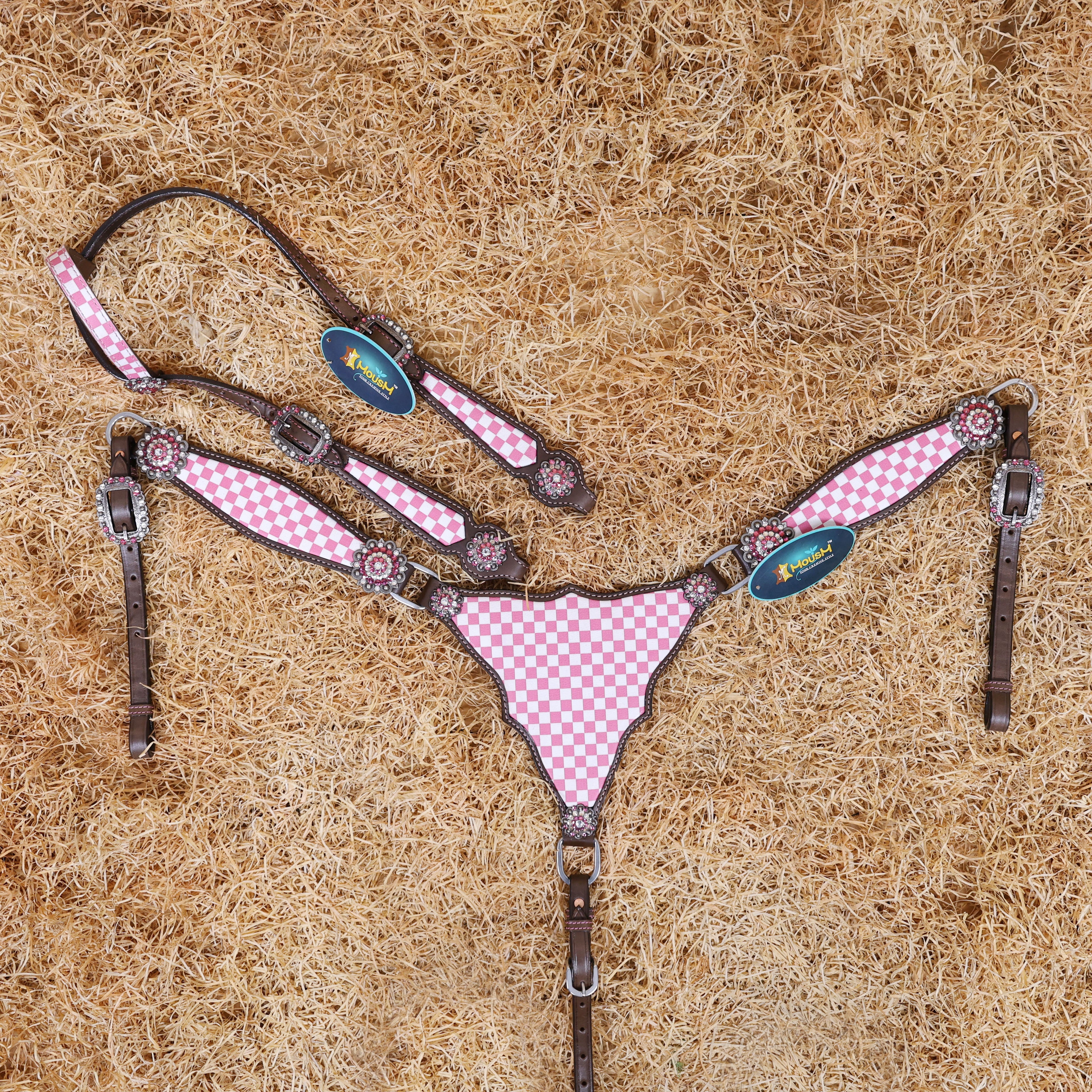 MOUSM Western Leather Headstall and Breast Collar Set – Argentina Cow Leather Horse Tack Set Decorated with Pink Checkered Vector Flags Illustration Design on White Background and Shining Rhinestones Conchos.