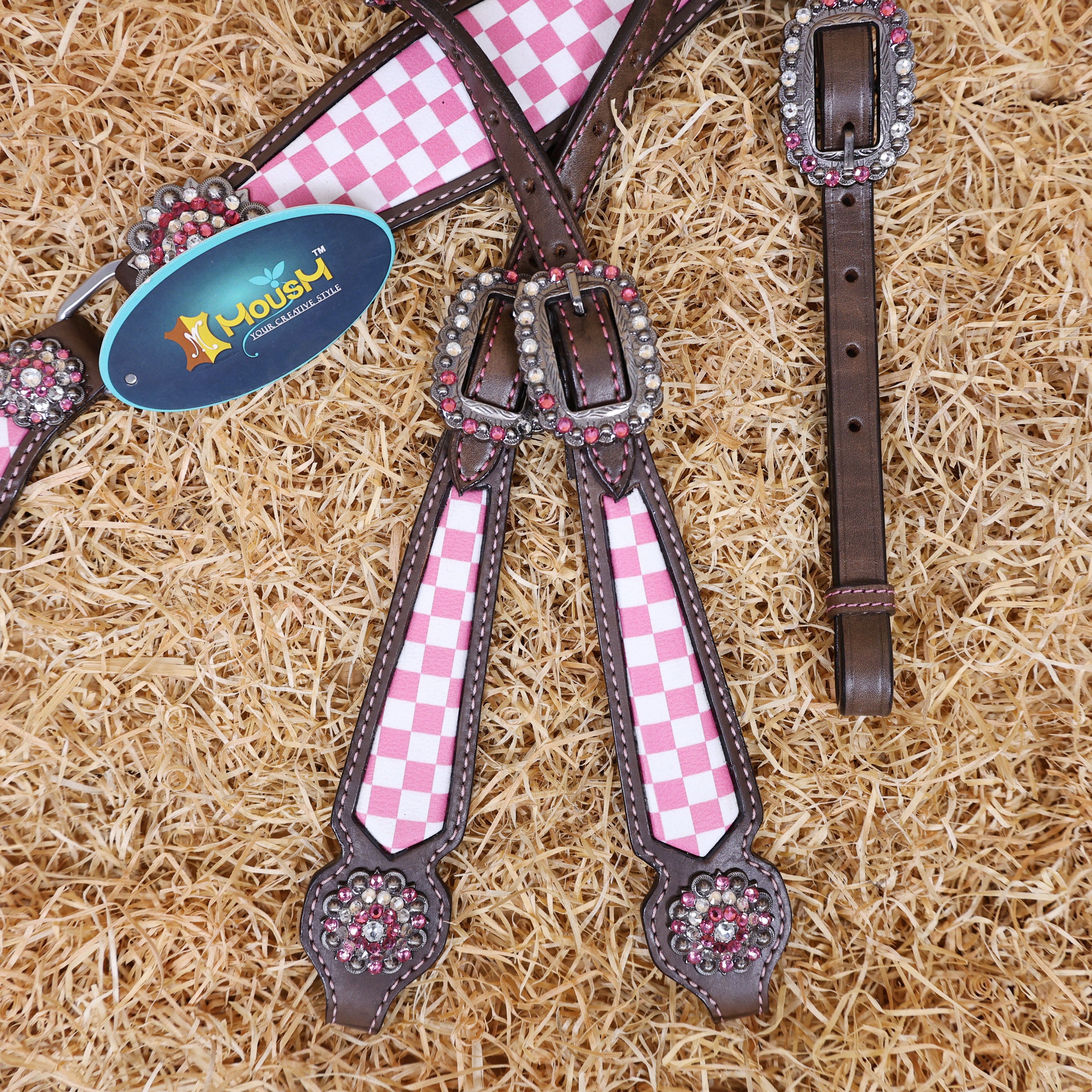 MOUSM Western Leather Headstall and Breast Collar Set – Argentina Cow Leather Horse Tack Set Decorated with Pink Checkered Vector Flags Illustration Design on White Background and Shining Rhinestones Conchos.
