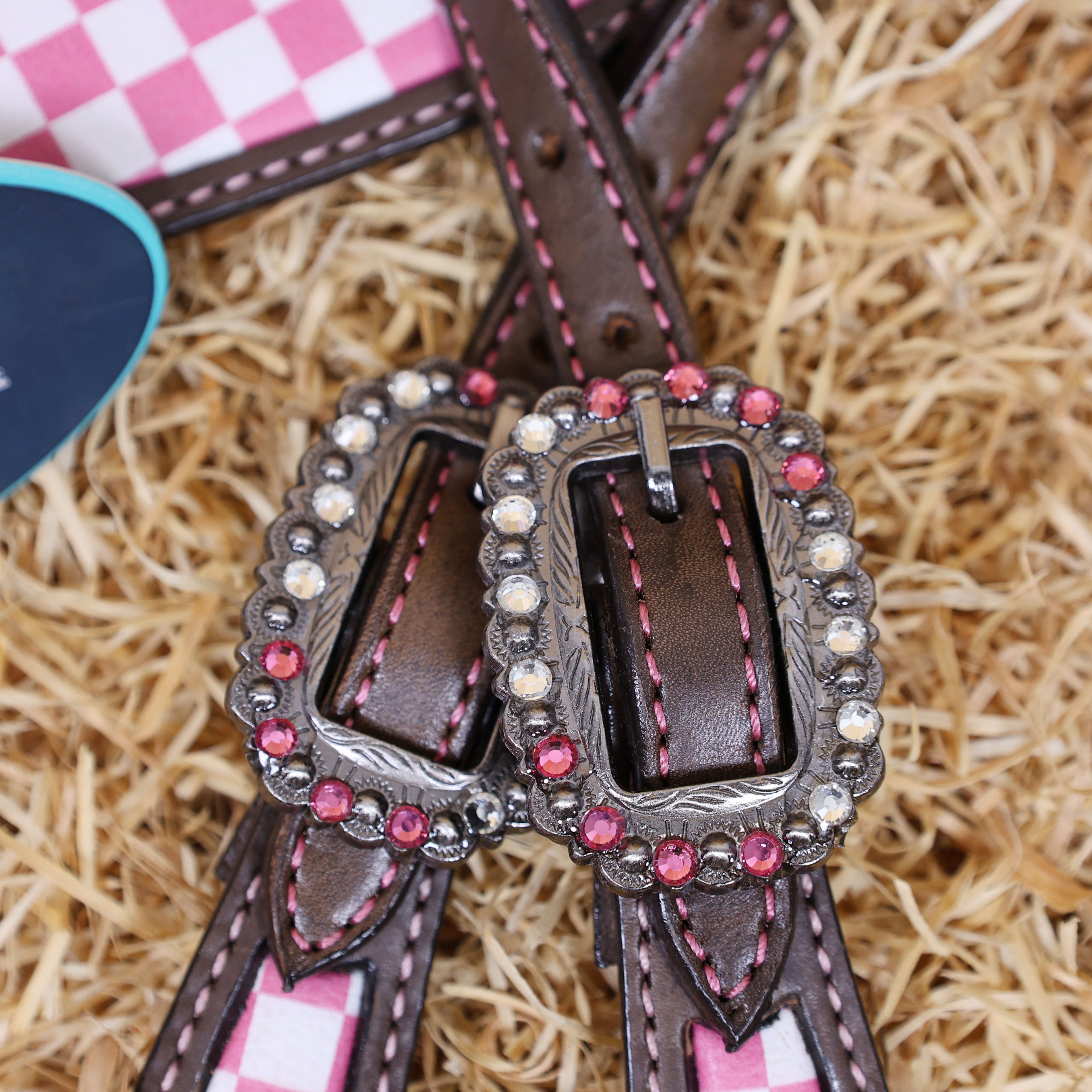 MOUSM Western Leather Headstall and Breast Collar Set – Argentina Cow Leather Horse Tack Set Decorated with Pink Checkered Vector Flags Illustration Design on White Background and Shining Rhinestones Conchos.