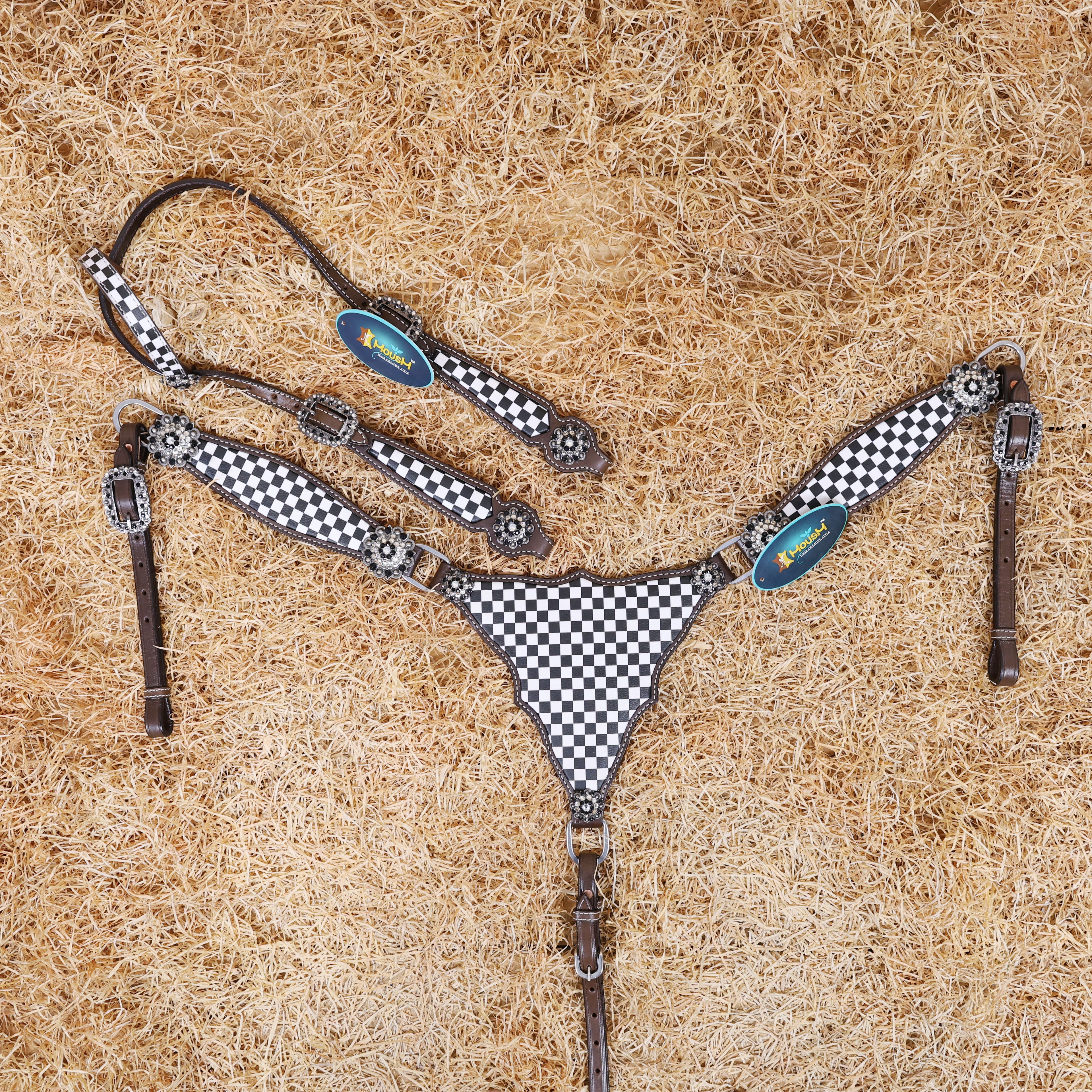 MOUSM Western Leather Headstall and Breast Collar Set – Argentina Cow Leather Horse Tack Set Decorated with Black Checkered Vector Flags Illustration Design on White Background and Shining Rhinestones Conchos.