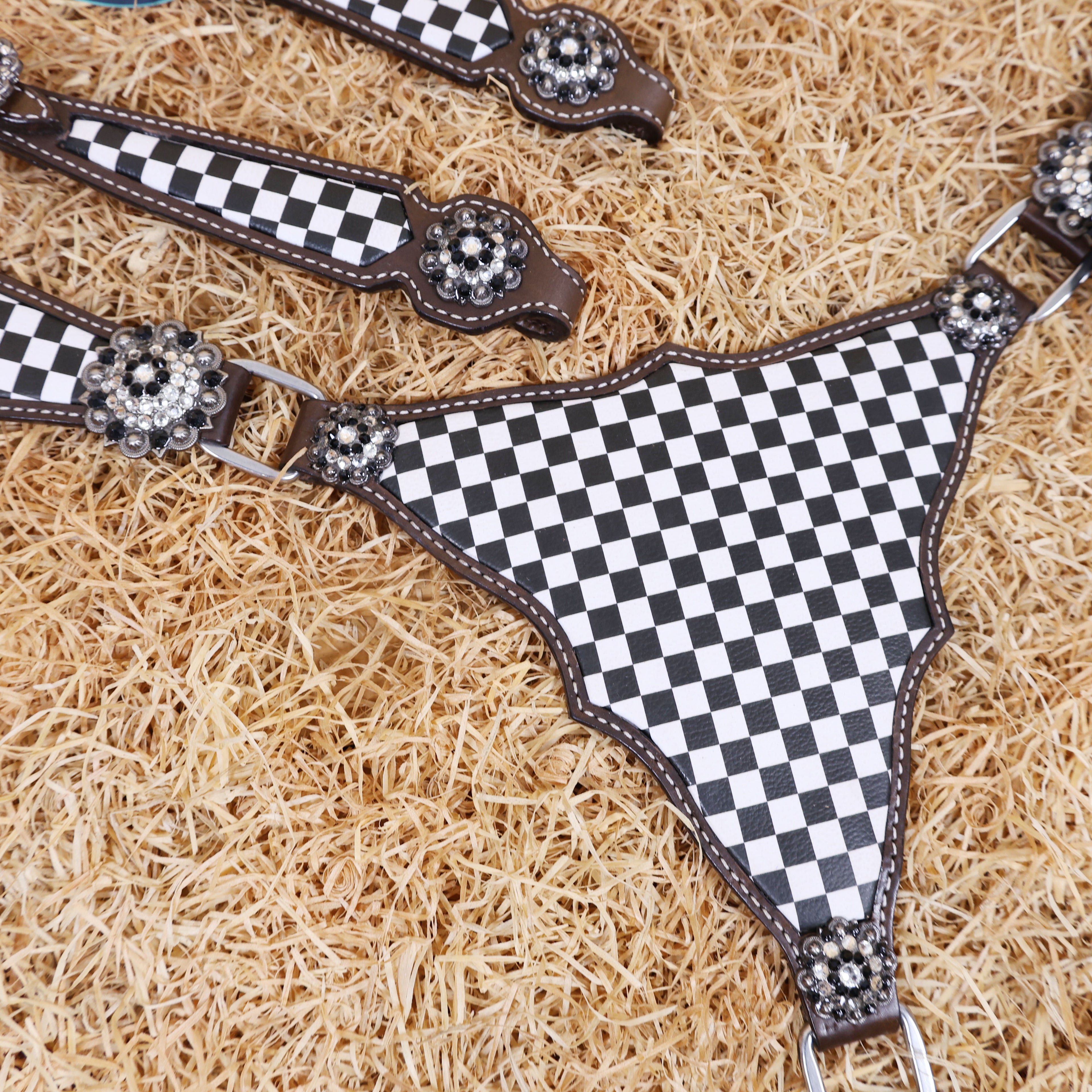 MOUSM Western Leather Headstall and Breast Collar Set – Argentina Cow Leather Horse Tack Set Decorated with Black Checkered Vector Flags Illustration Design on White Background and Shining Rhinestones Conchos.