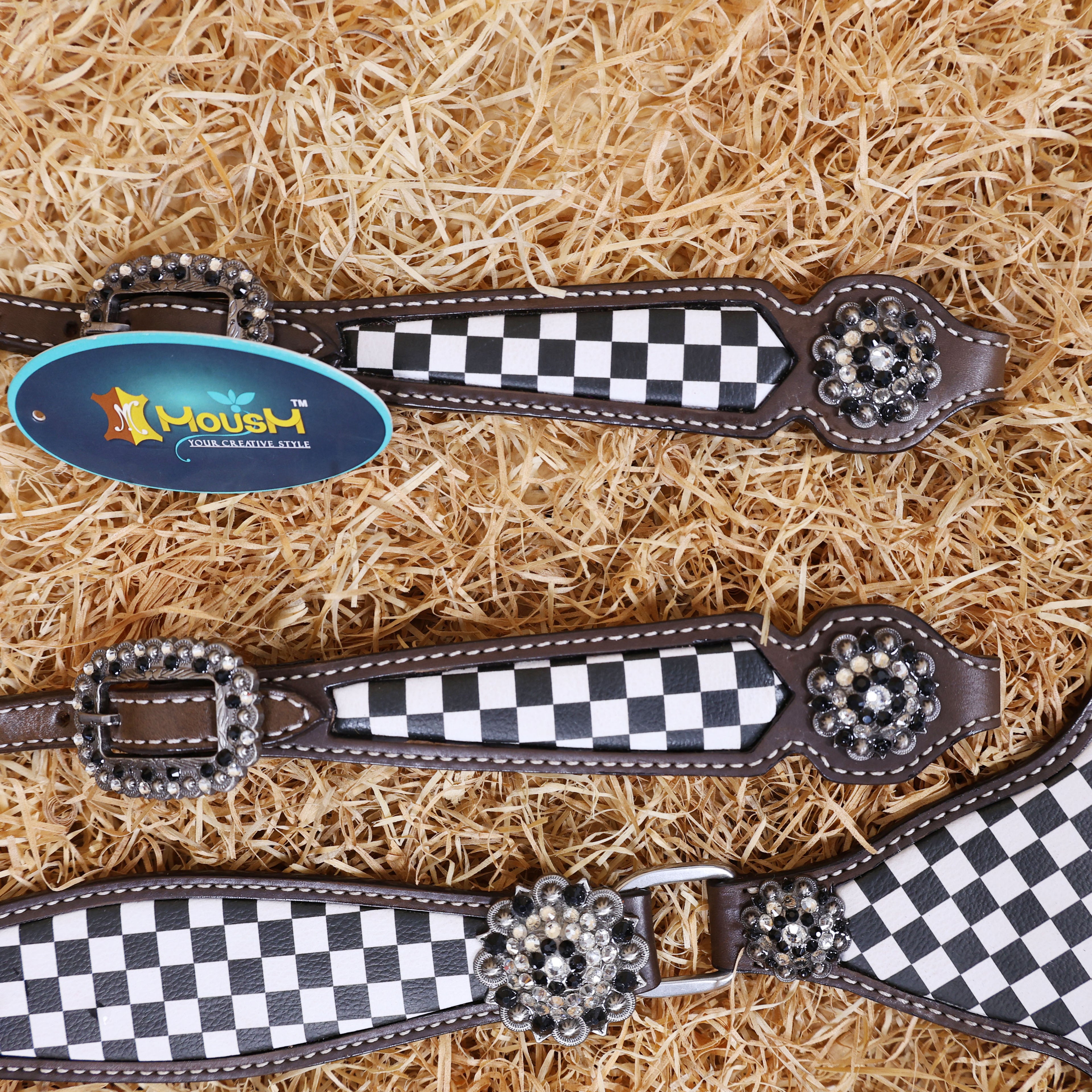 MOUSM Western Leather Headstall and Breast Collar Set – Argentina Cow Leather Horse Tack Set Decorated with Black Checkered Vector Flags Illustration Design on White Background and Shining Rhinestones Conchos.
