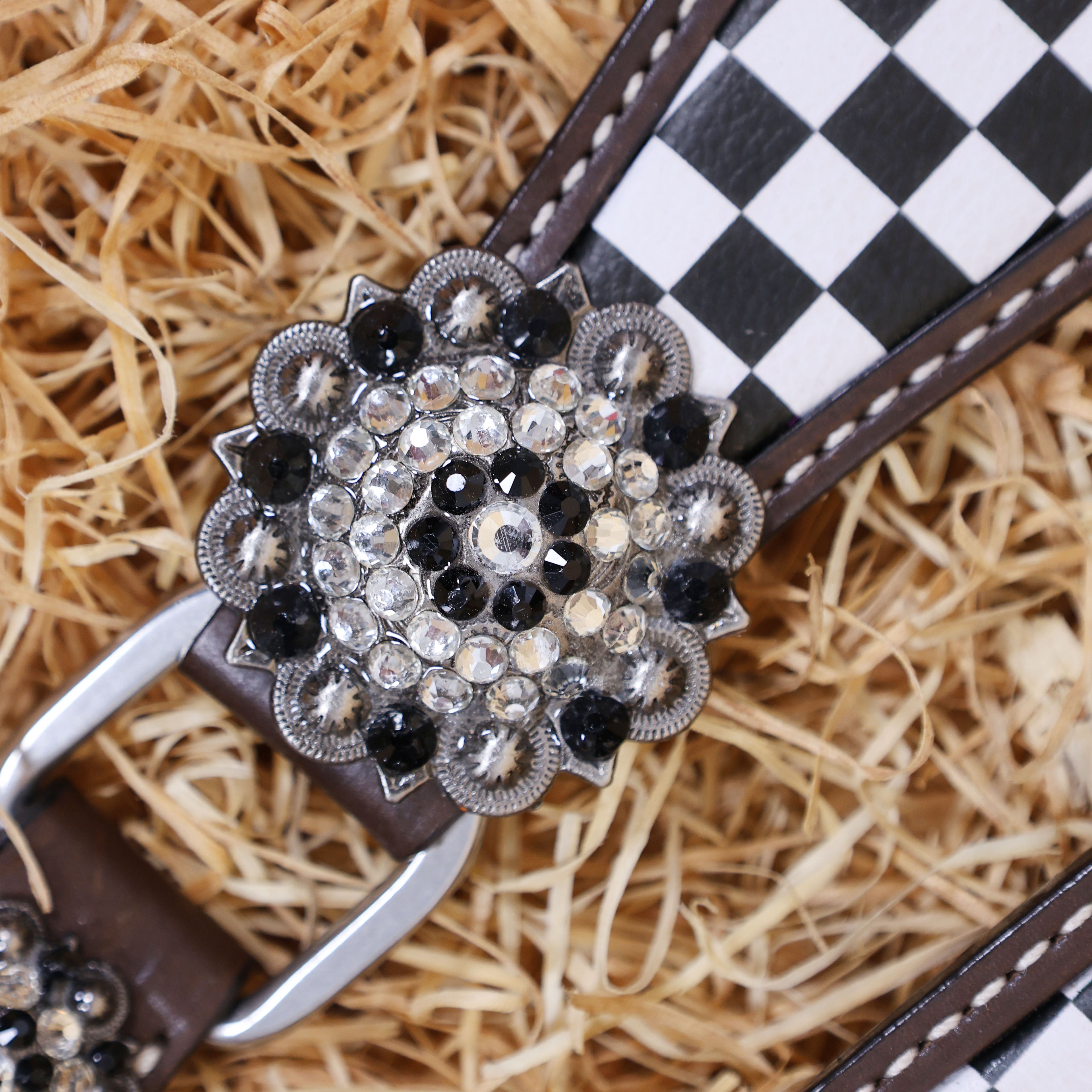 MOUSM Western Leather Headstall and Breast Collar Set – Argentina Cow Leather Horse Tack Set Decorated with Black Checkered Vector Flags Illustration Design on White Background and Shining Rhinestones Conchos.