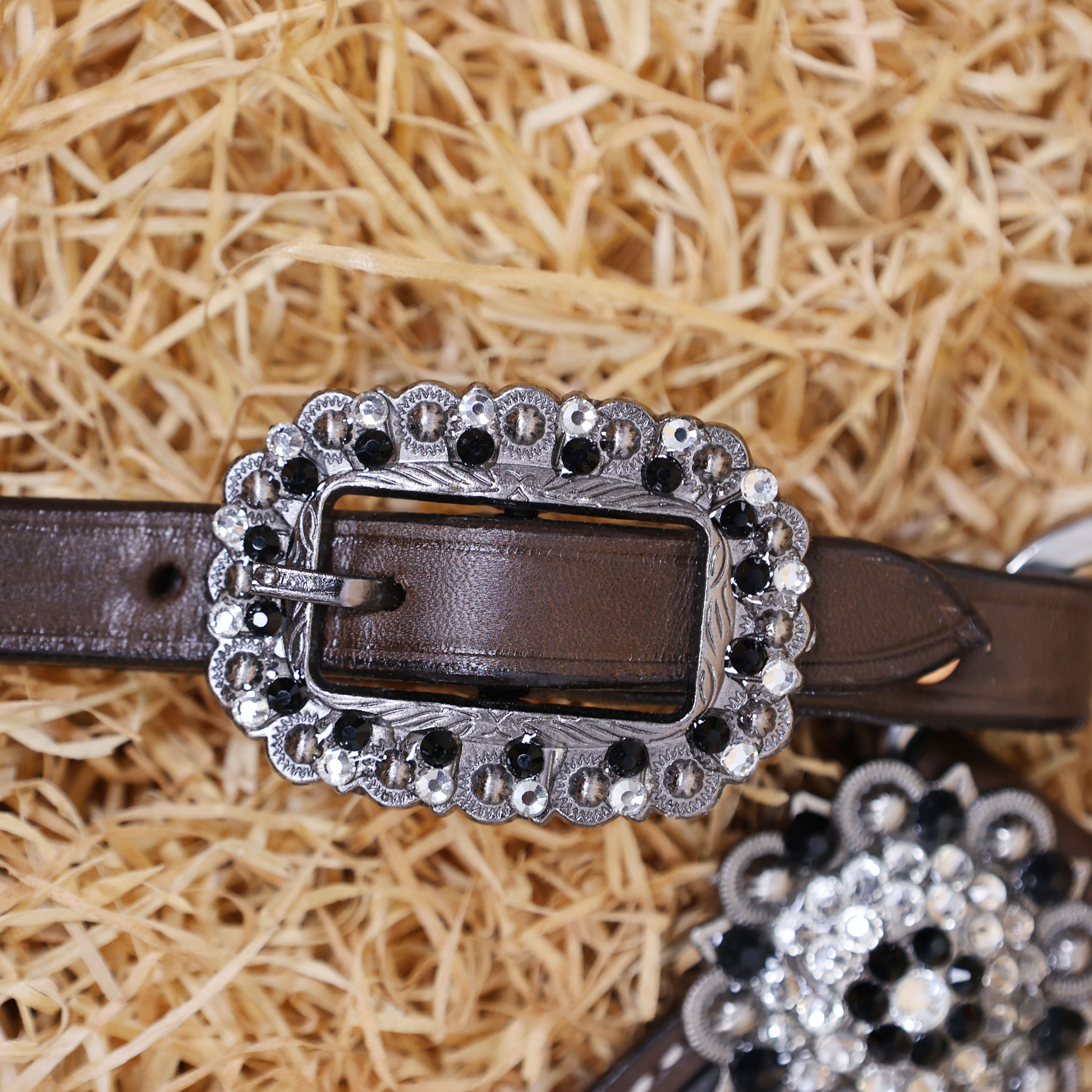 MOUSM Western Leather Headstall and Breast Collar Set – Argentina Cow Leather Horse Tack Set Decorated with Black Checkered Vector Flags Illustration Design on White Background and Shining Rhinestones Conchos.