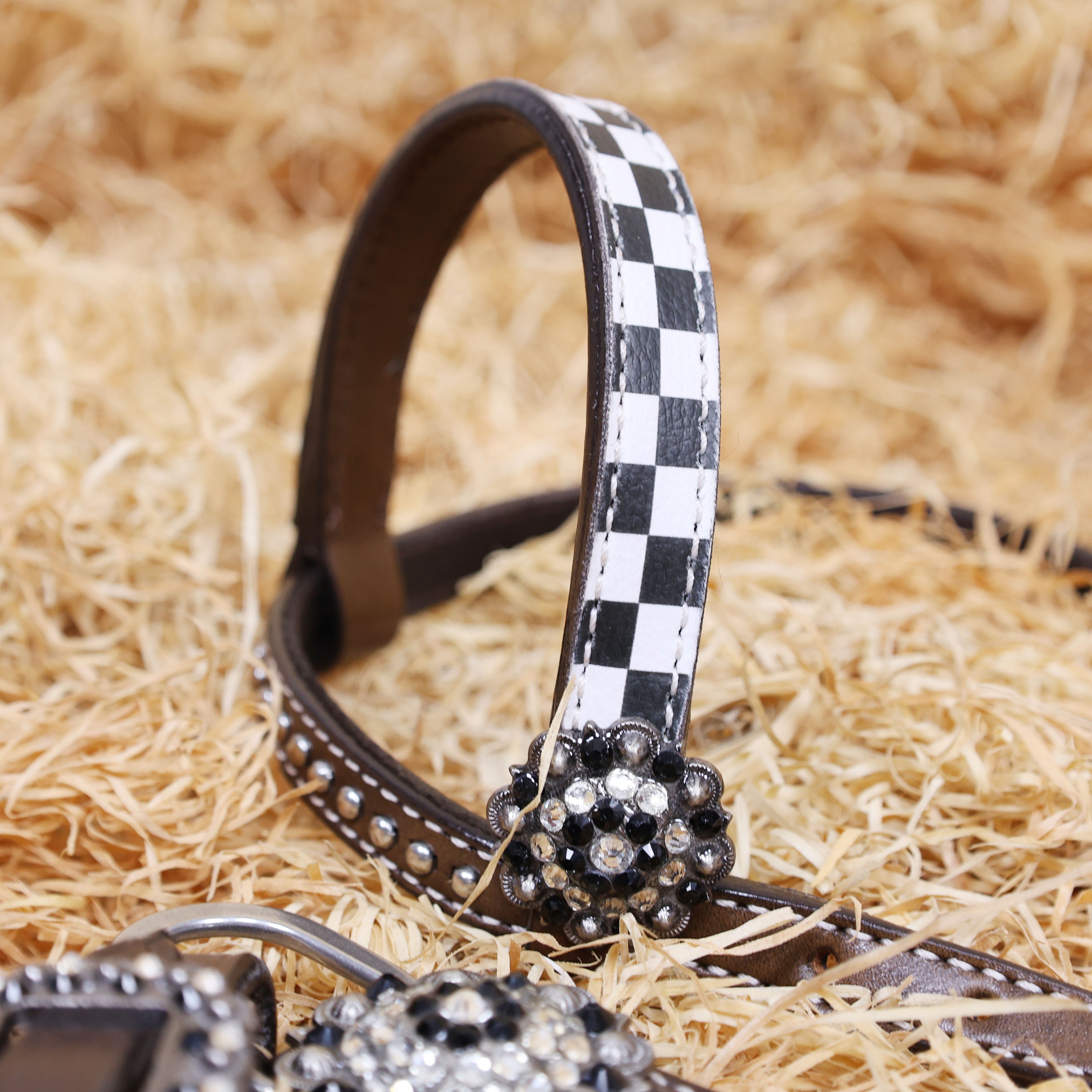 MOUSM Western Leather Headstall and Breast Collar Set – Argentina Cow Leather Horse Tack Set Decorated with Black Checkered Vector Flags Illustration Design on White Background and Shining Rhinestones Conchos.