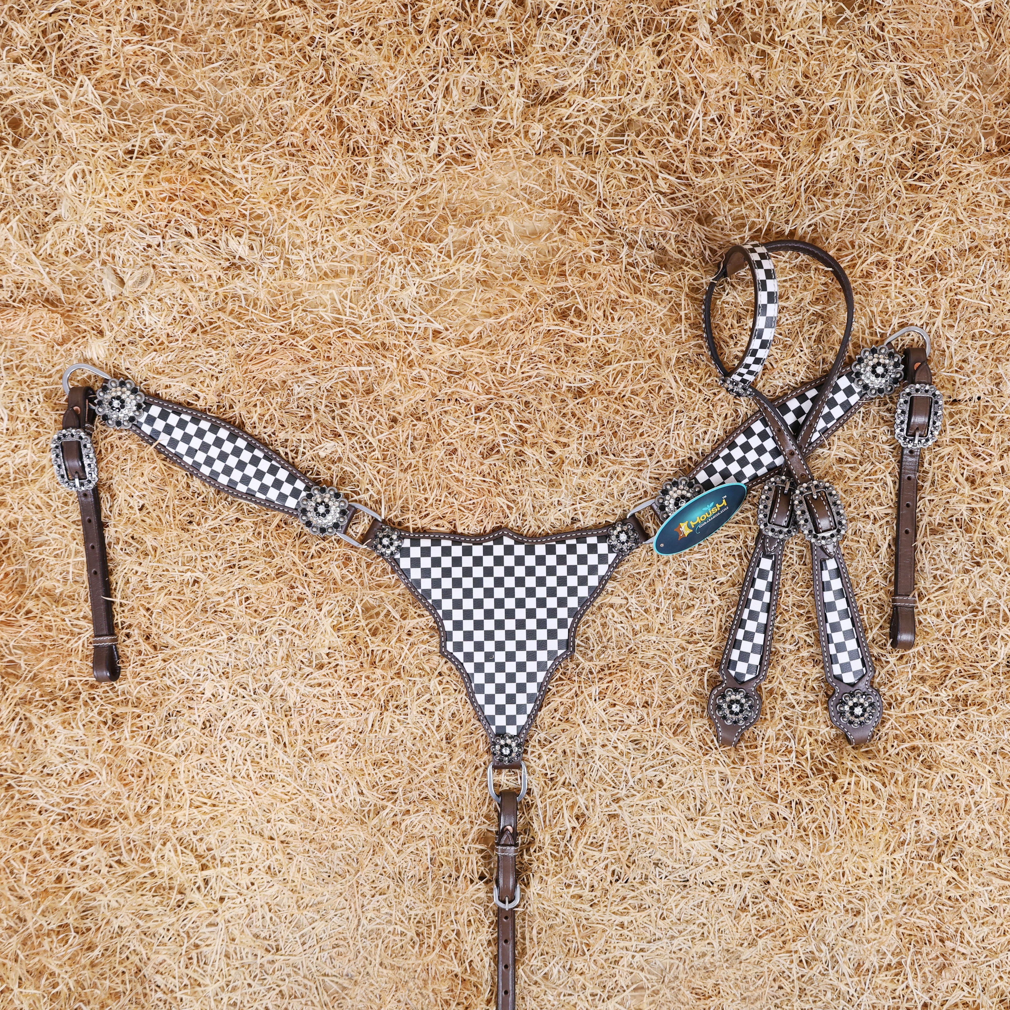 MOUSM Western Leather Headstall and Breast Collar Set – Argentina Cow Leather Horse Tack Set Decorated with Black Checkered Vector Flags Illustration Design on White Background and Shining Rhinestones Conchos.