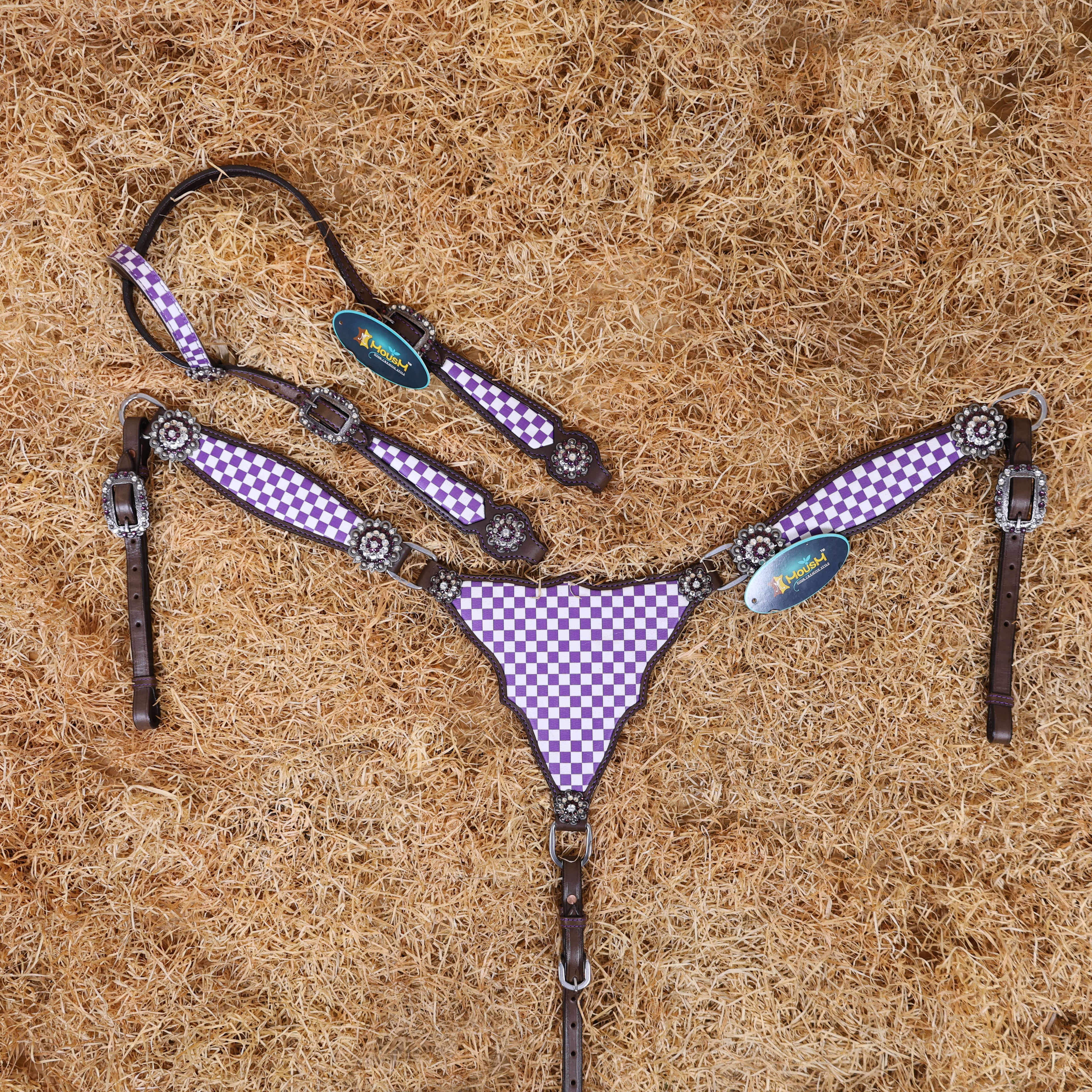 MOUSM Western Leather Headstall and Breast Collar Set – Argentina Cow Leather Horse Tack Set Decorated with Purple Checkered Vector Flags Illustration Design on White Background and Shining Rhinestones Conchos.