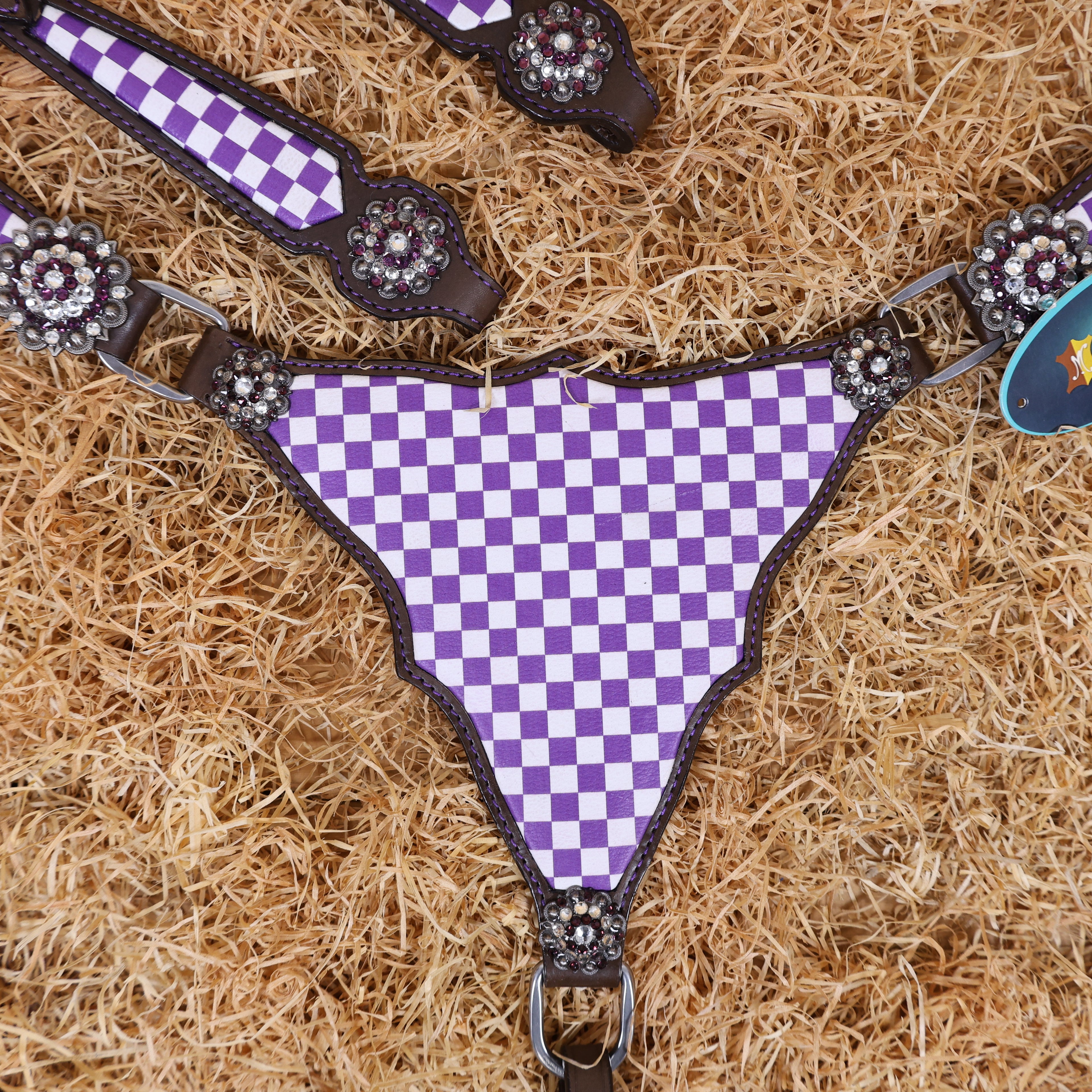 MOUSM Western Leather Headstall and Breast Collar Set – Argentina Cow Leather Horse Tack Set Decorated with Purple Checkered Vector Flags Illustration Design on White Background and Shining Rhinestones Conchos.