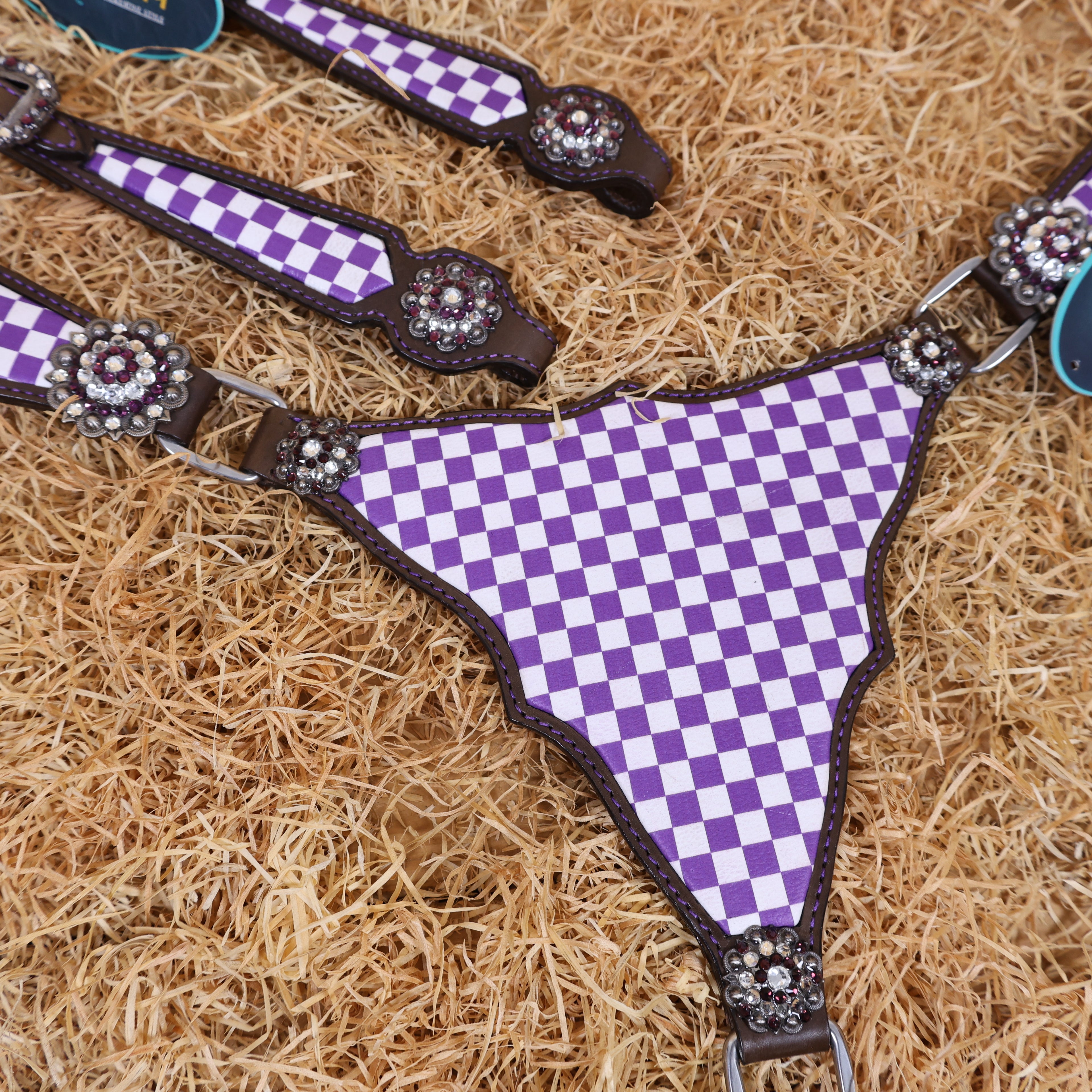 MOUSM Western Leather Headstall and Breast Collar Set – Argentina Cow Leather Horse Tack Set Decorated with Purple Checkered Vector Flags Illustration Design on White Background and Shining Rhinestones Conchos.
