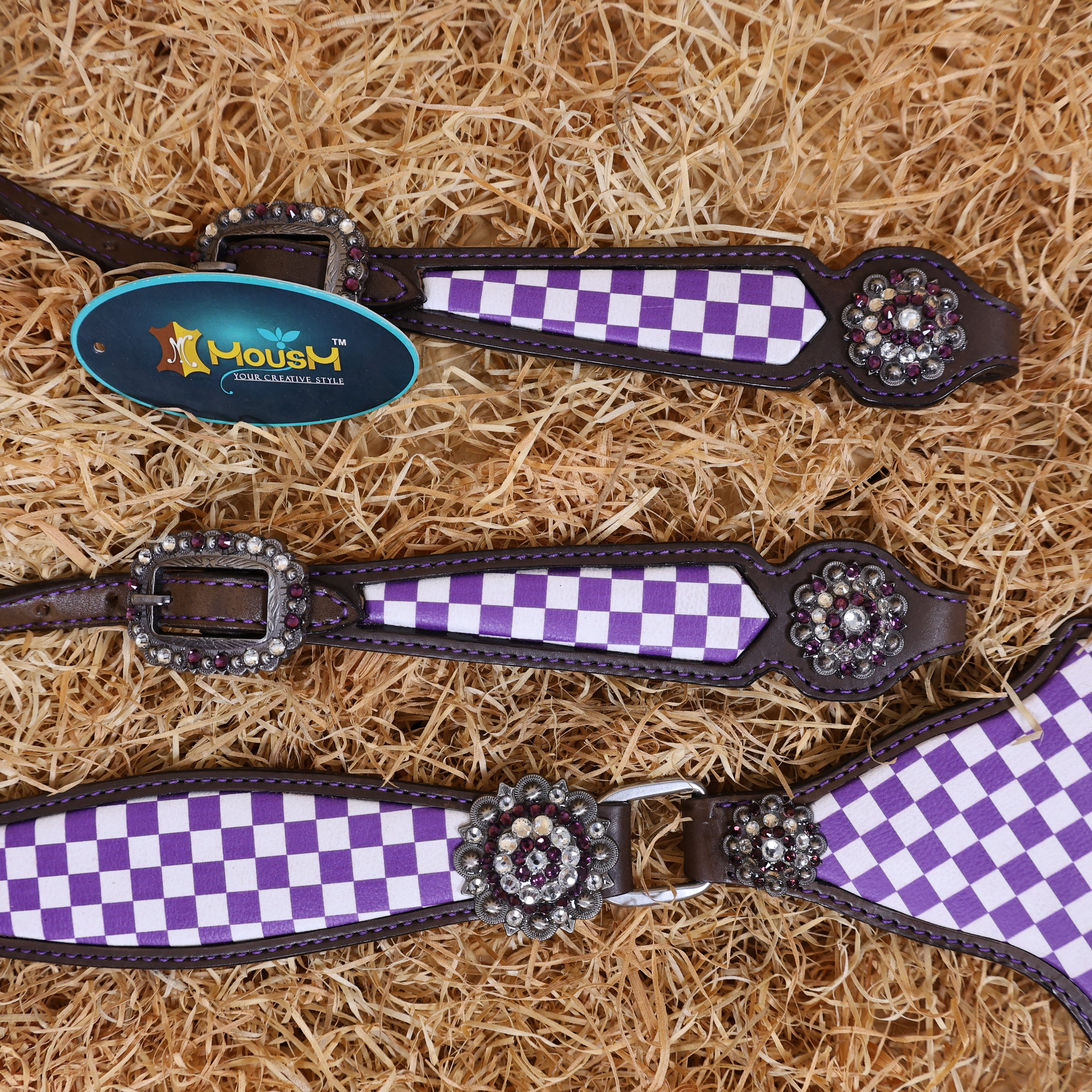 MOUSM Western Leather Headstall and Breast Collar Set – Argentina Cow Leather Horse Tack Set Decorated with Purple Checkered Vector Flags Illustration Design on White Background and Shining Rhinestones Conchos.