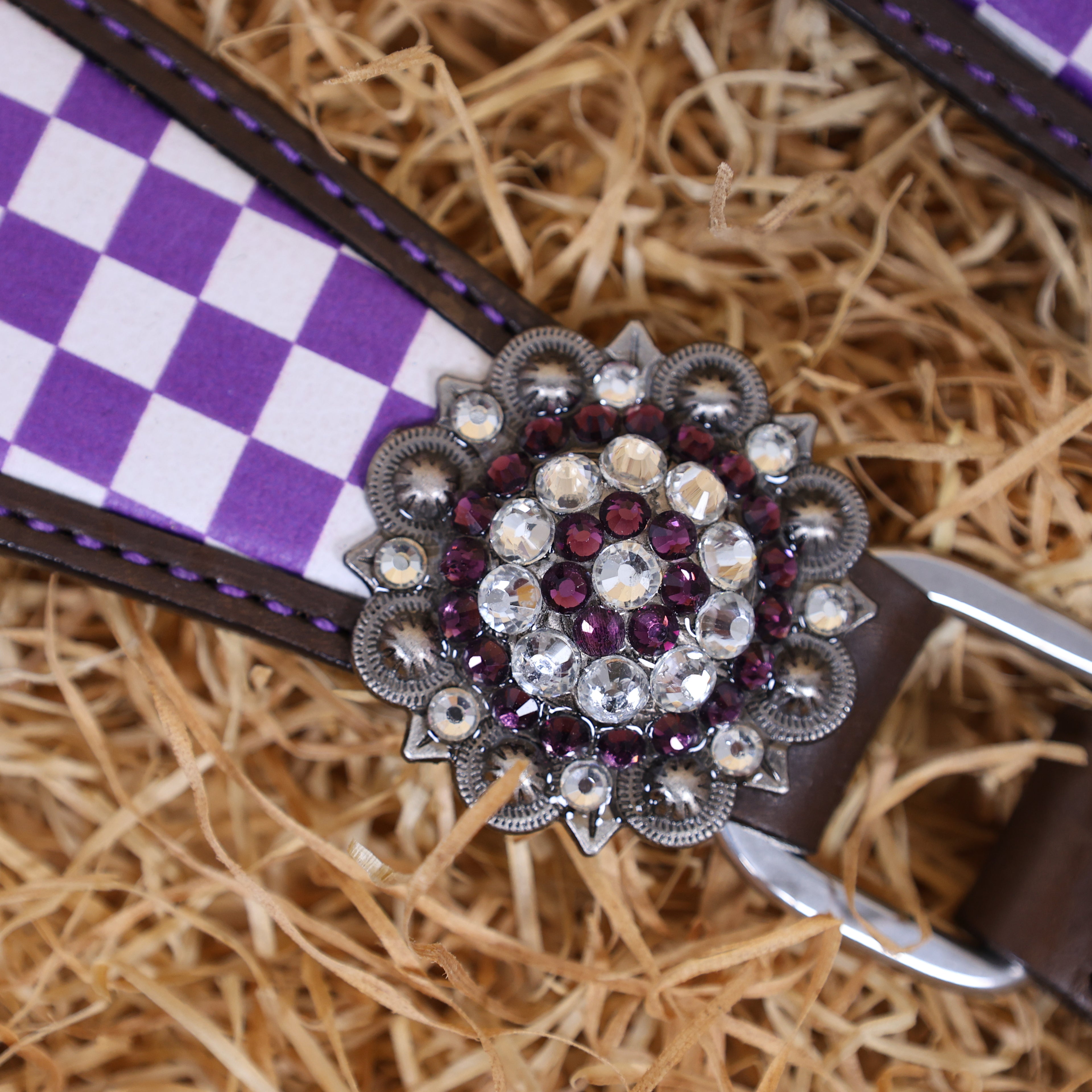 MOUSM Western Leather Headstall and Breast Collar Set – Argentina Cow Leather Horse Tack Set Decorated with Purple Checkered Vector Flags Illustration Design on White Background and Shining Rhinestones Conchos.