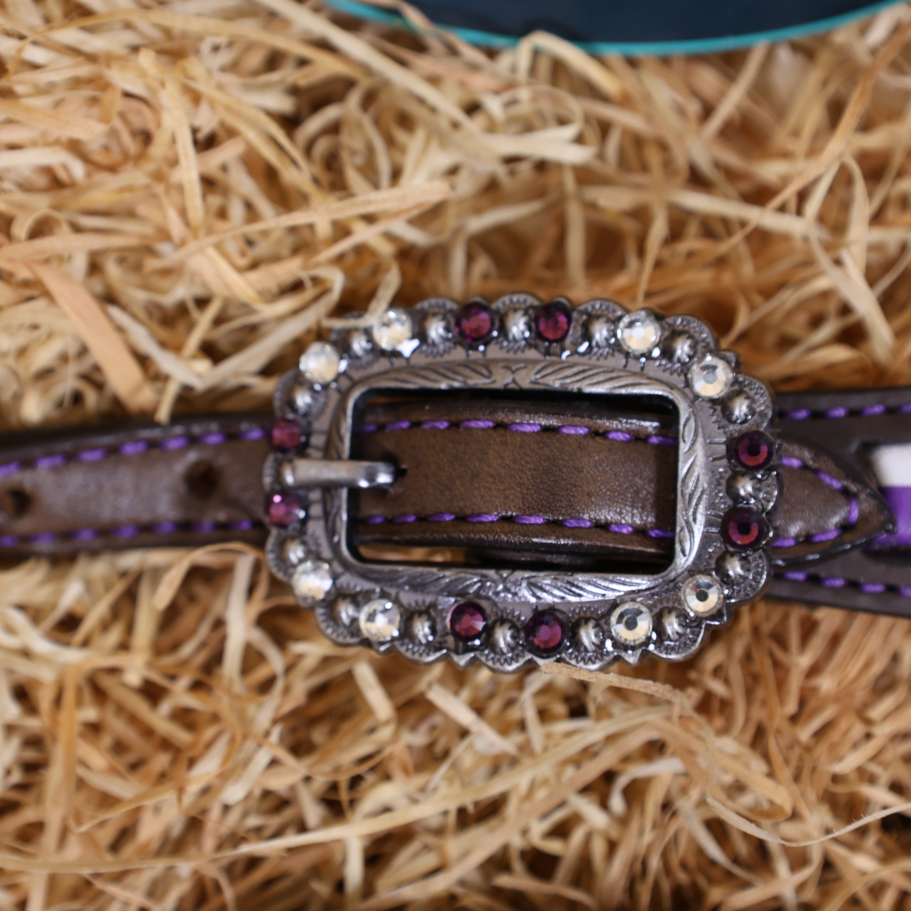 MOUSM Western Leather Headstall and Breast Collar Set – Argentina Cow Leather Horse Tack Set Decorated with Purple Checkered Vector Flags Illustration Design on White Background and Shining Rhinestones Conchos.