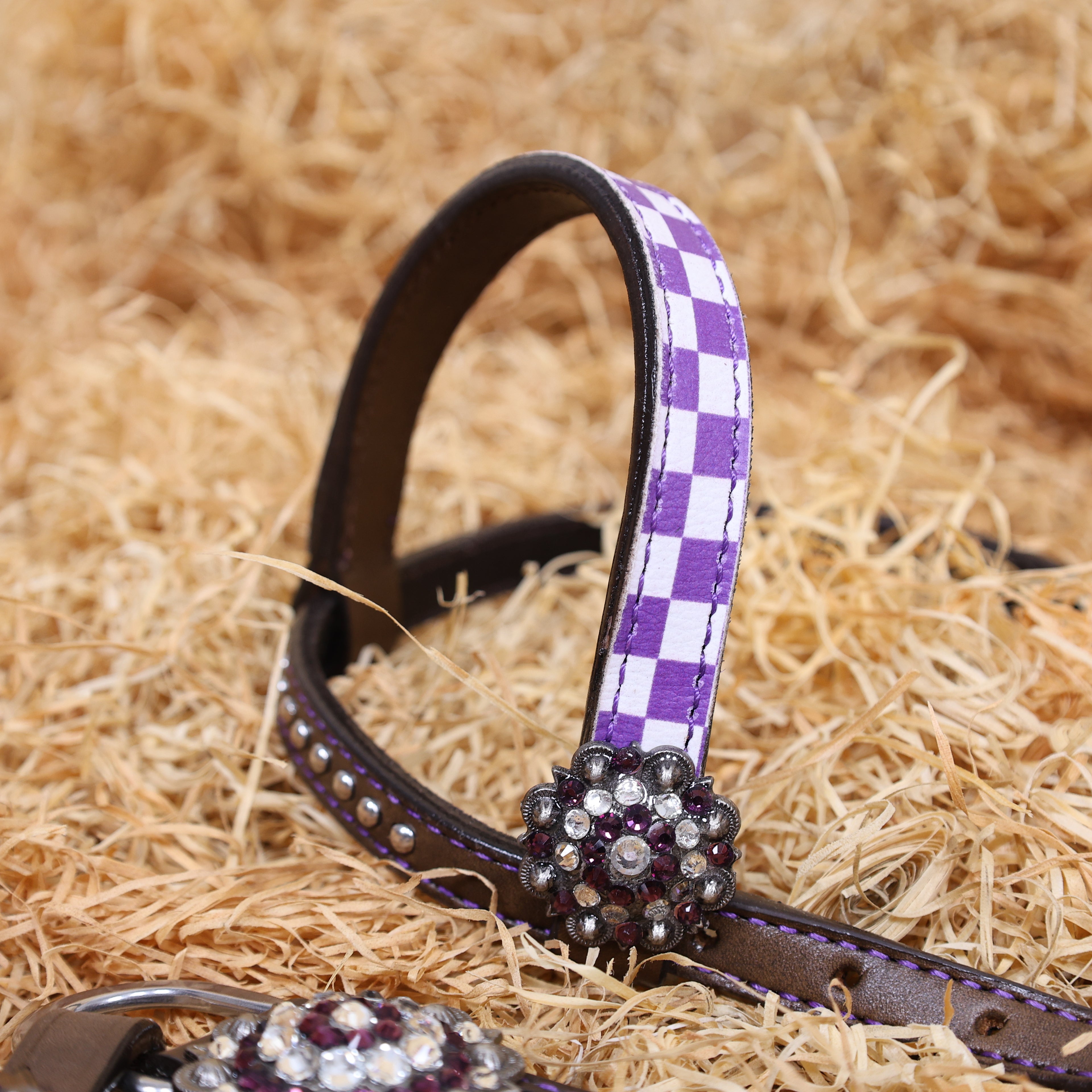MOUSM Western Leather Headstall and Breast Collar Set – Argentina Cow Leather Horse Tack Set Decorated with Purple Checkered Vector Flags Illustration Design on White Background and Shining Rhinestones Conchos.