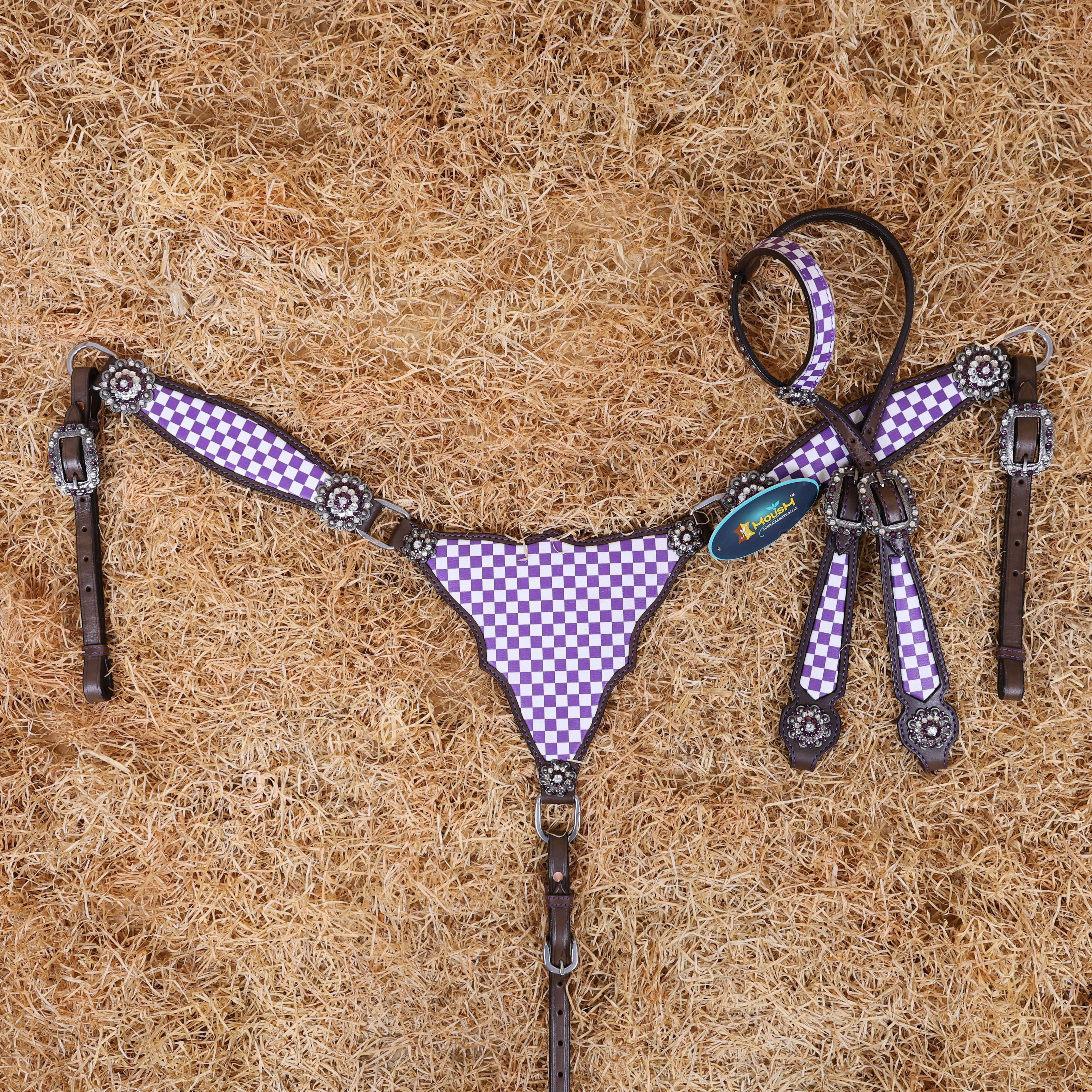 MOUSM Western Leather Headstall and Breast Collar Set – Argentina Cow Leather Horse Tack Set Decorated with Purple Checkered Vector Flags Illustration Design on White Background and Shining Rhinestones Conchos.