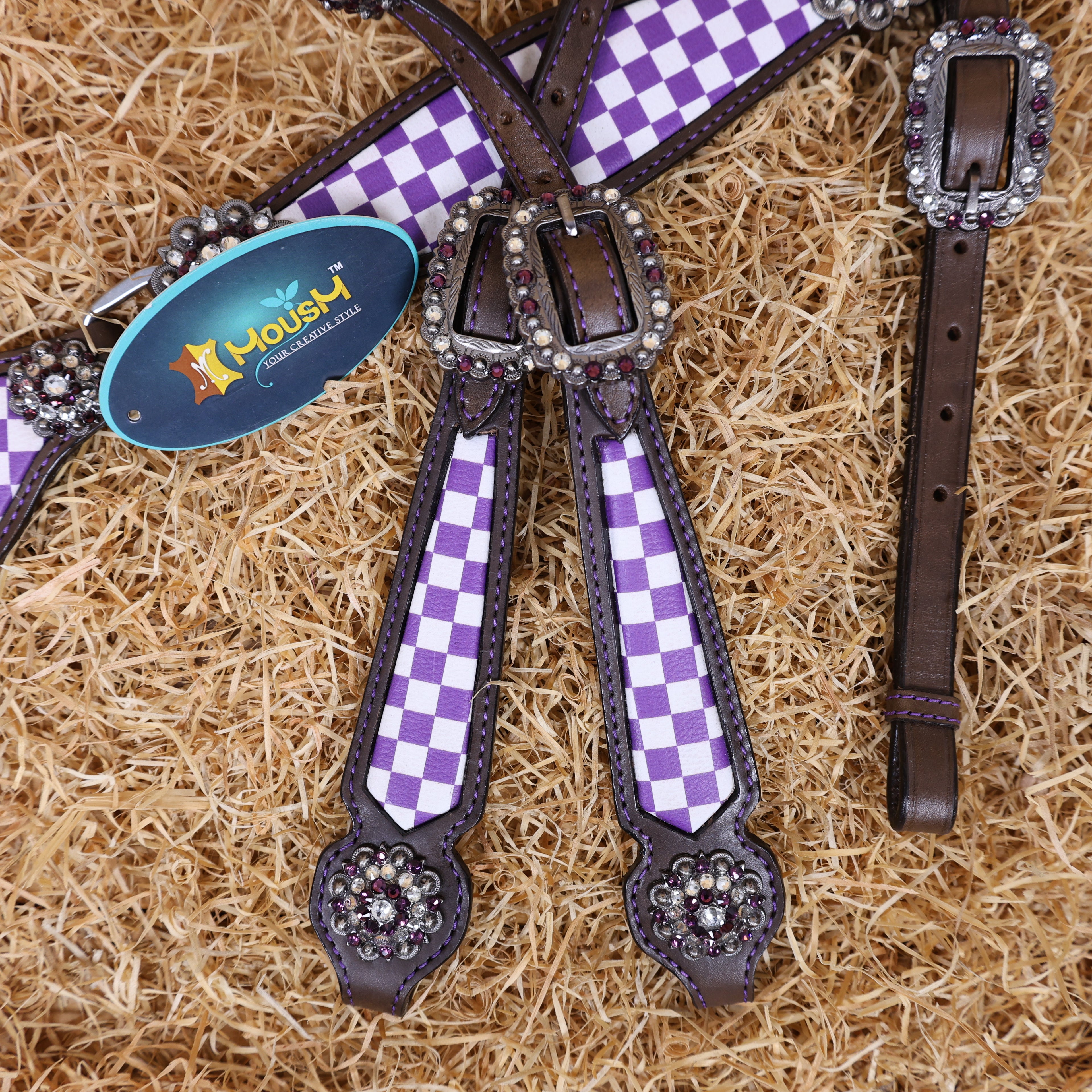 MOUSM Western Leather Headstall and Breast Collar Set – Argentina Cow Leather Horse Tack Set Decorated with Purple Checkered Vector Flags Illustration Design on White Background and Shining Rhinestones Conchos.