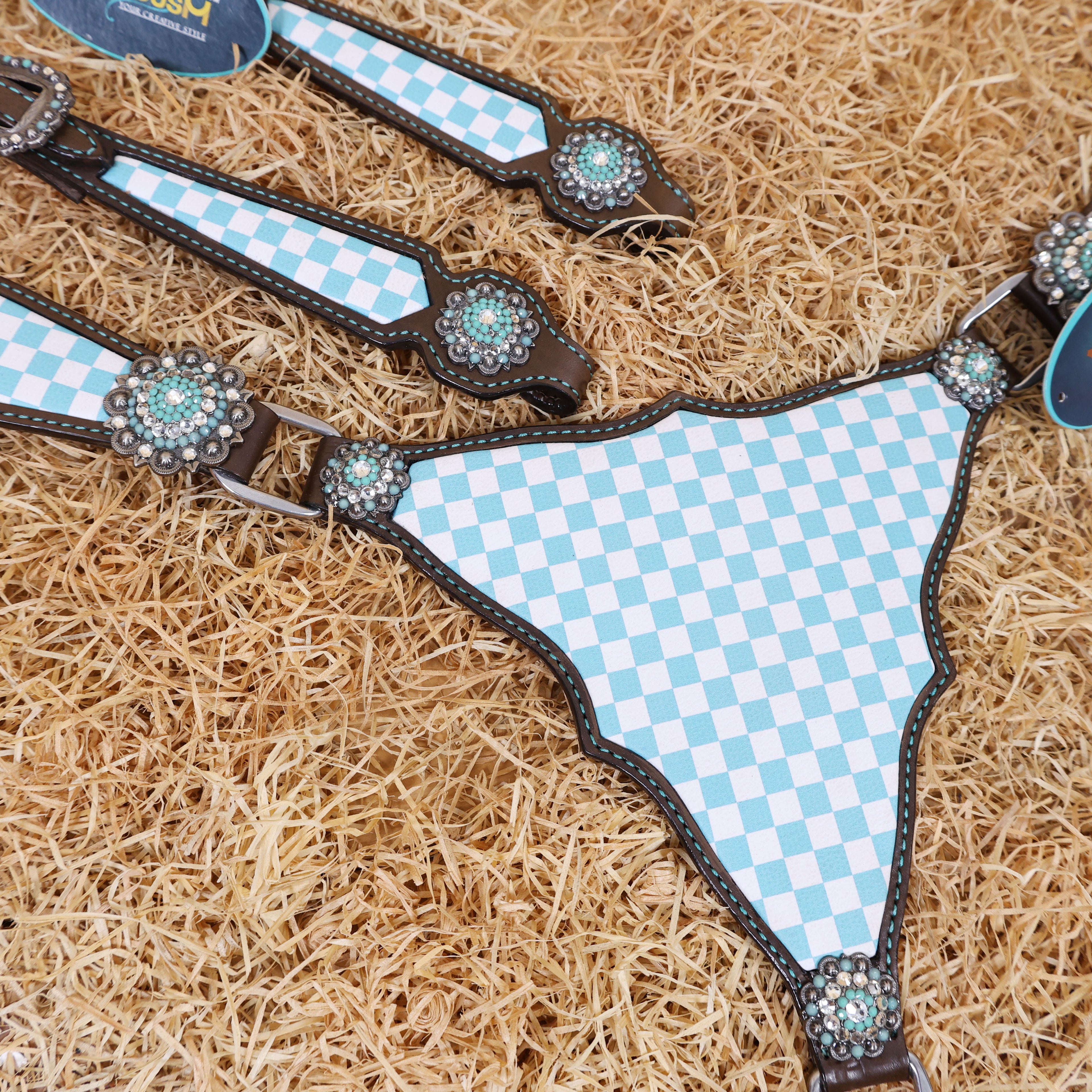 MOUSM Western Leather Headstall and Breast Collar Set – Argentina Cow Leather Horse Tack Set Decorated with Sky Blue Checkered Vector Flags Illustration Design on White Background and Shining Rhinestones Conchos.