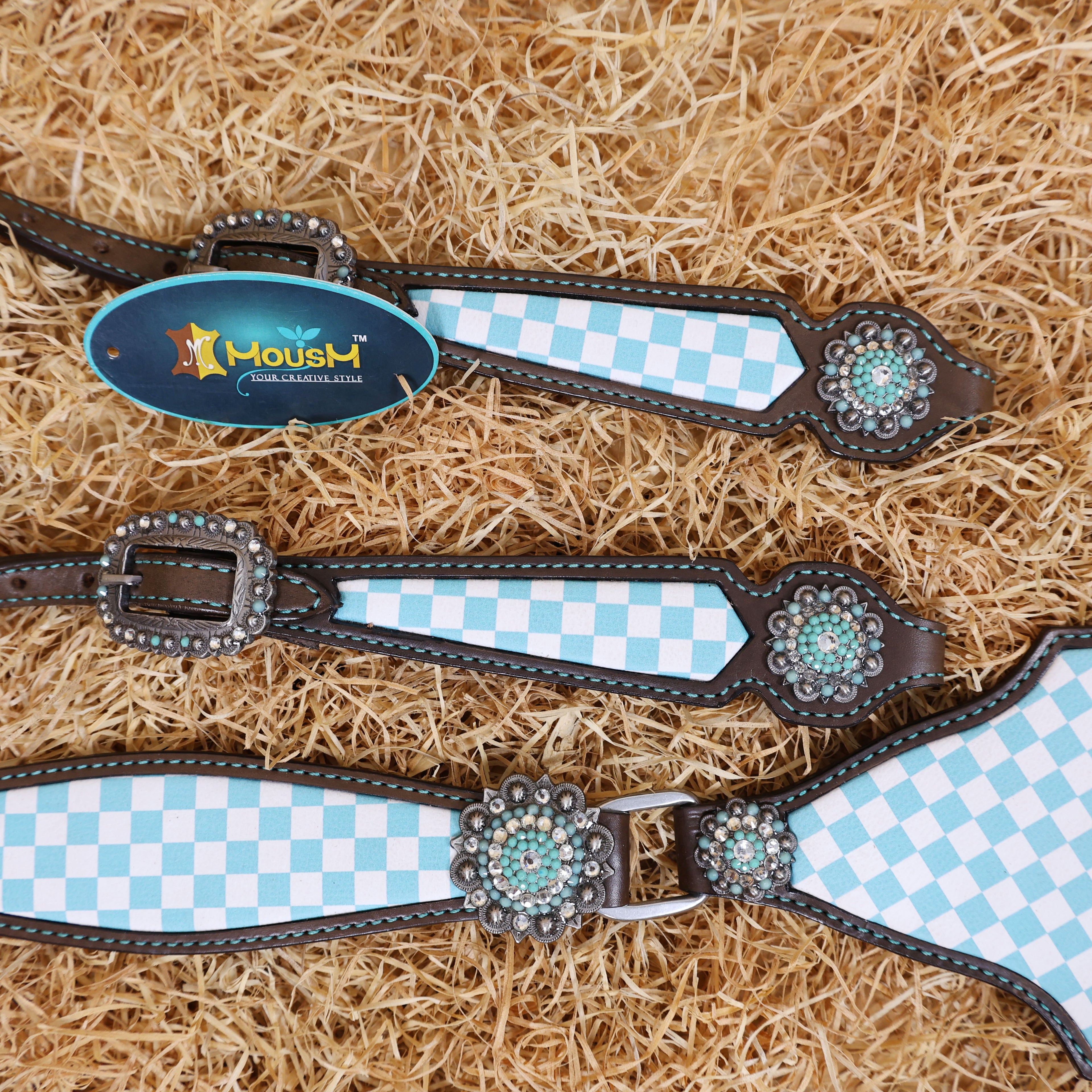 MOUSM Western Leather Headstall and Breast Collar Set – Argentina Cow Leather Horse Tack Set Decorated with Sky Blue Checkered Vector Flags Illustration Design on White Background and Shining Rhinestones Conchos.