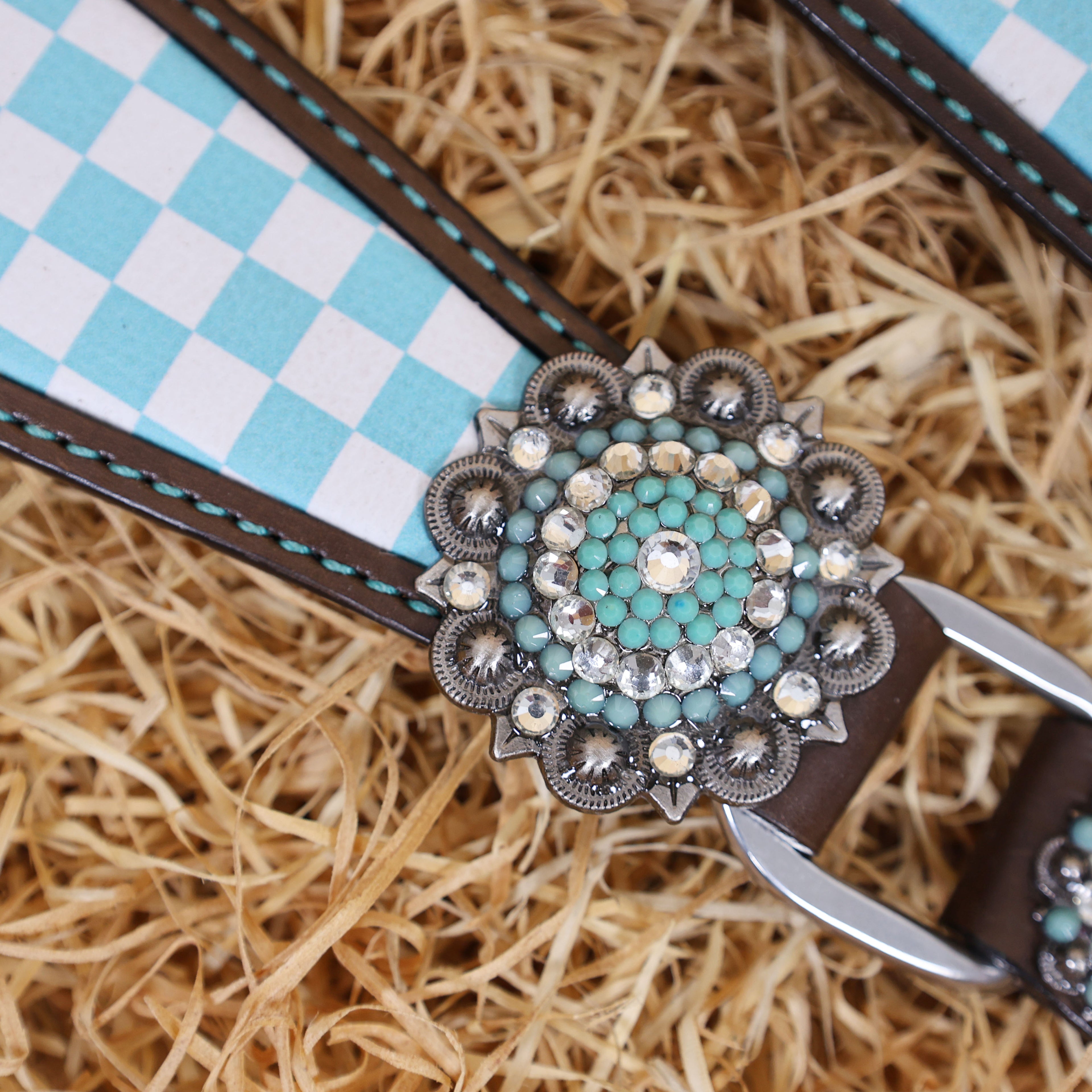 MOUSM Western Leather Headstall and Breast Collar Set – Argentina Cow Leather Horse Tack Set Decorated with Sky Blue Checkered Vector Flags Illustration Design on White Background and Shining Rhinestones Conchos.