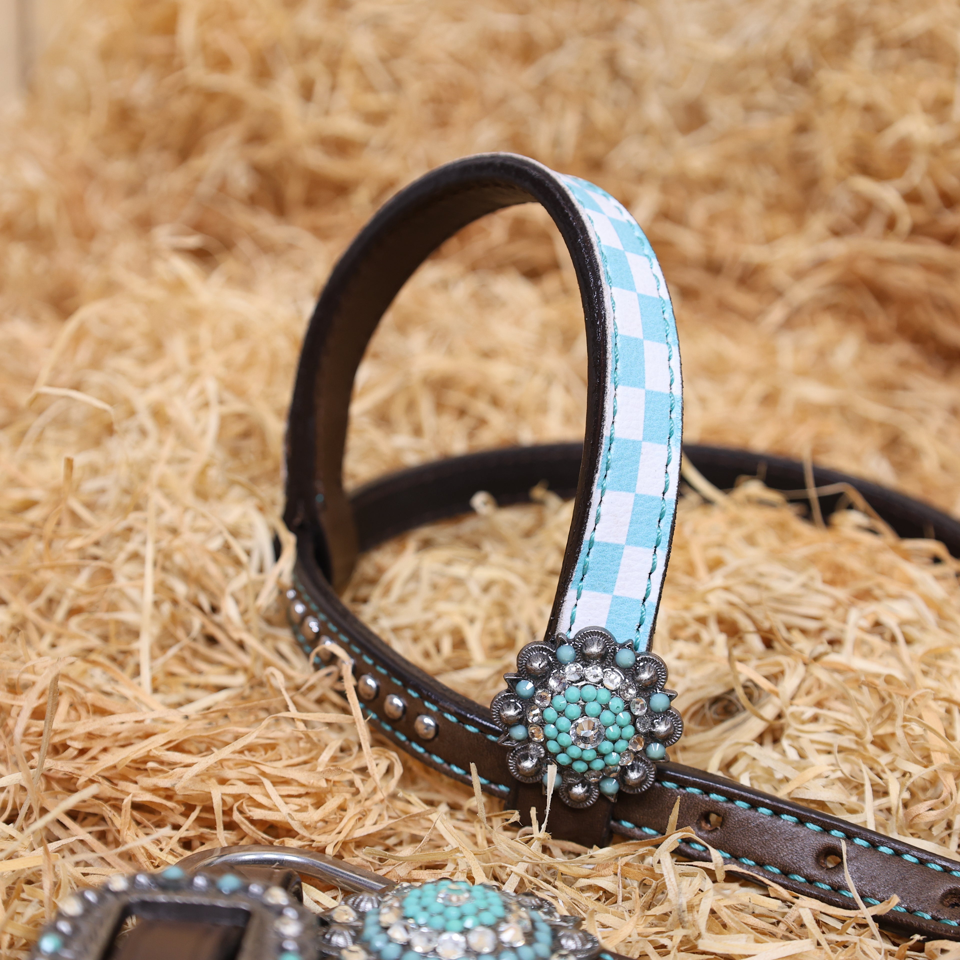 MOUSM Western Leather Headstall and Breast Collar Set – Argentina Cow Leather Horse Tack Set Decorated with Sky Blue Checkered Vector Flags Illustration Design on White Background and Shining Rhinestones Conchos.