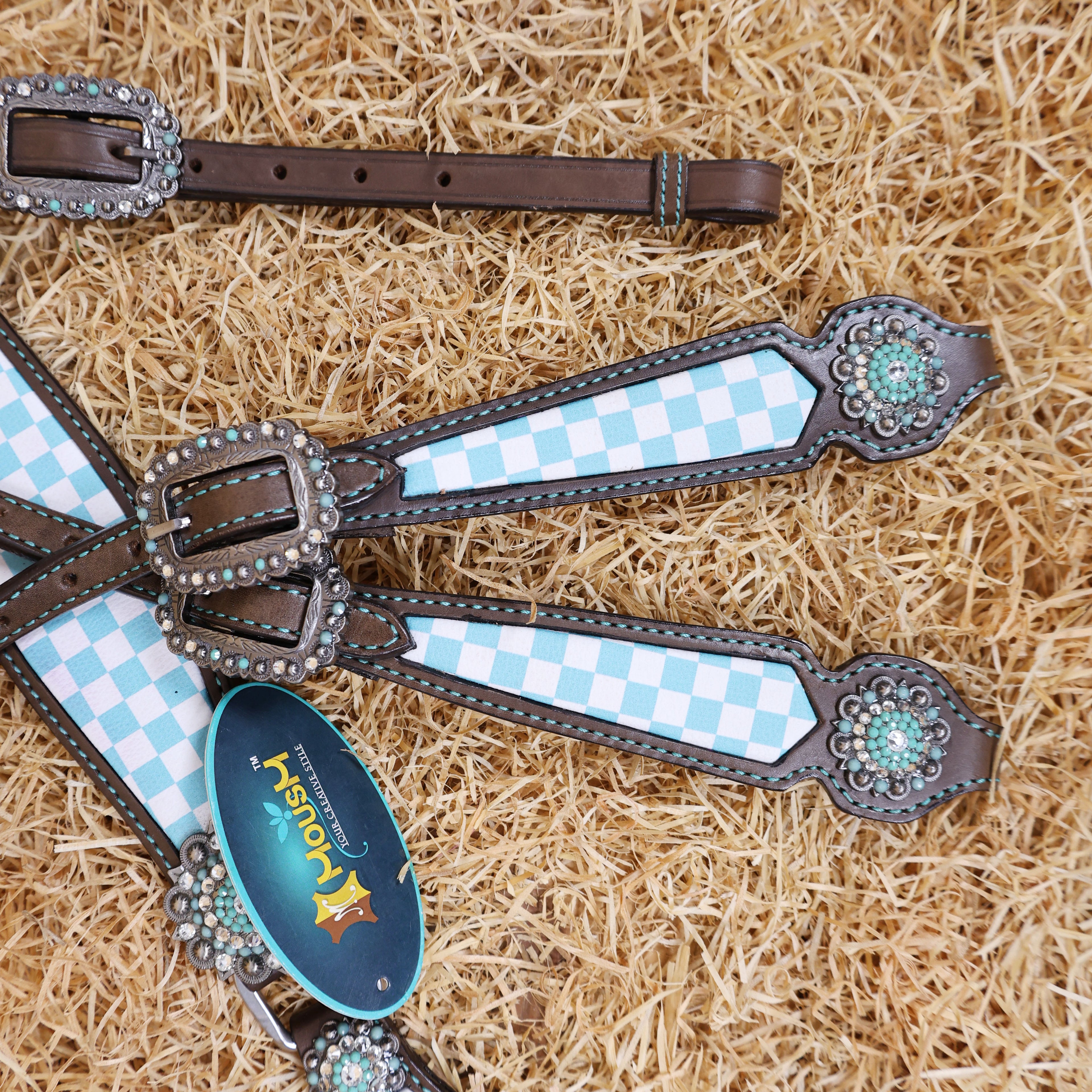 MOUSM Western Leather Headstall and Breast Collar Set – Argentina Cow Leather Horse Tack Set Decorated with Sky Blue Checkered Vector Flags Illustration Design on White Background and Shining Rhinestones Conchos.